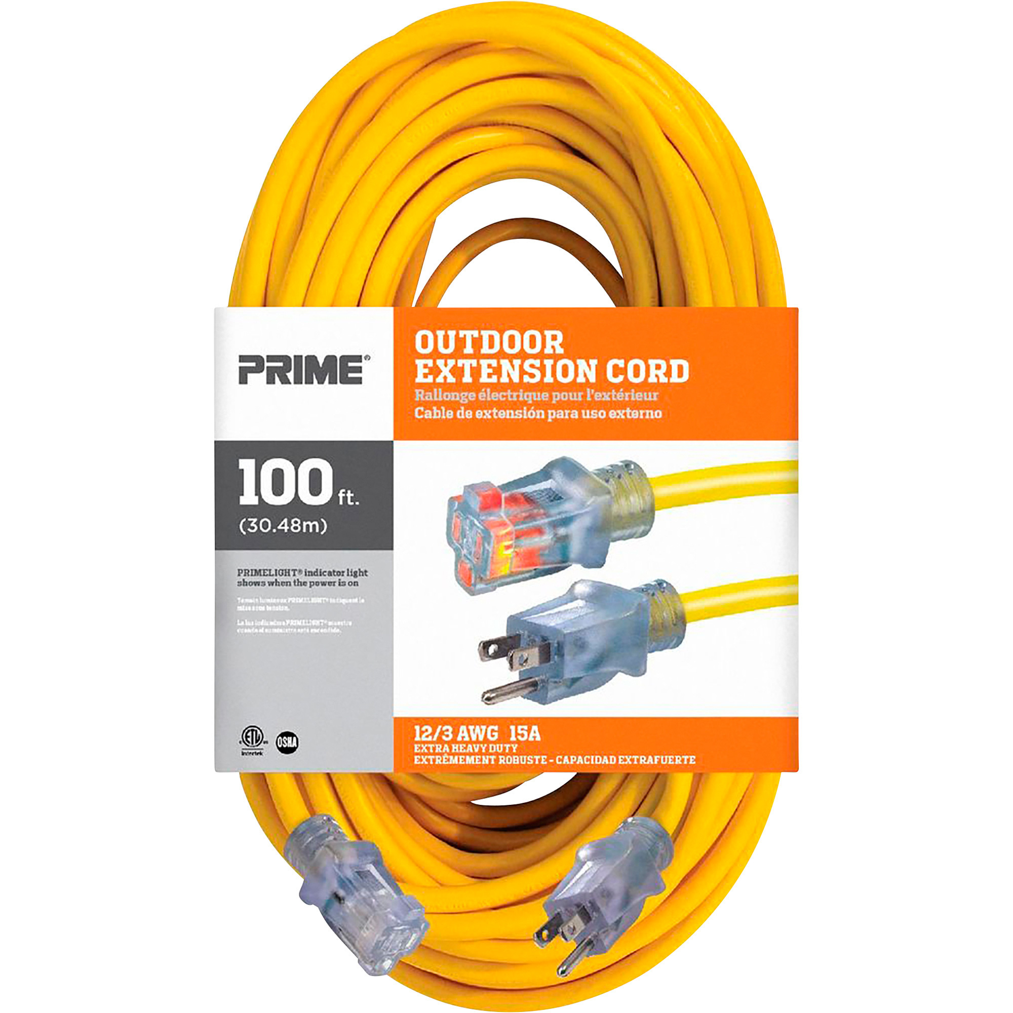 Prime Wire & Cable Contractor Tough Outdoor Extension Cord — 100ft., 12/3  Gauge, 15 Amps, Yellow, Model# EC511835