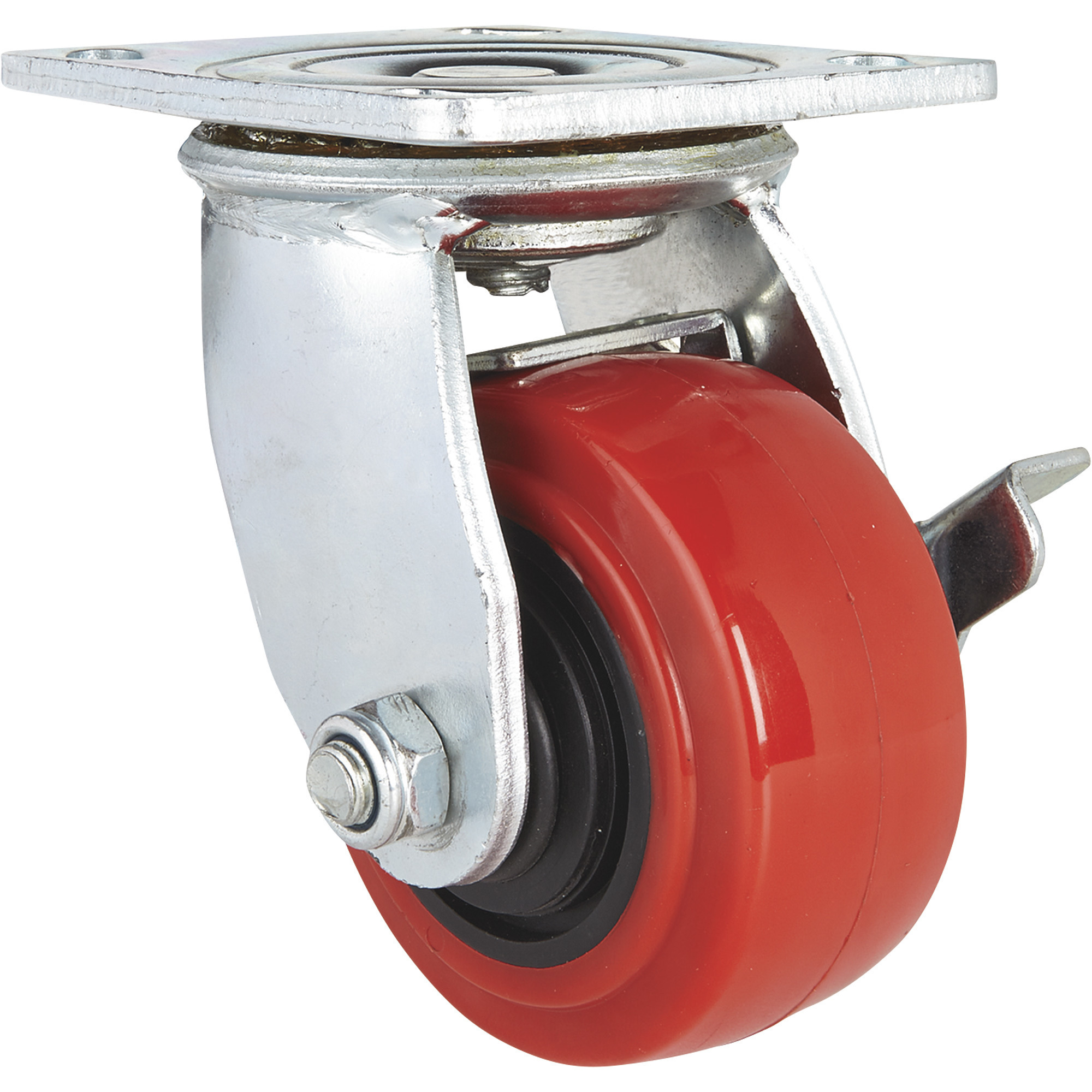 Ironton Standard-Duty Swivel Polyurethane Caster with Brake, Red