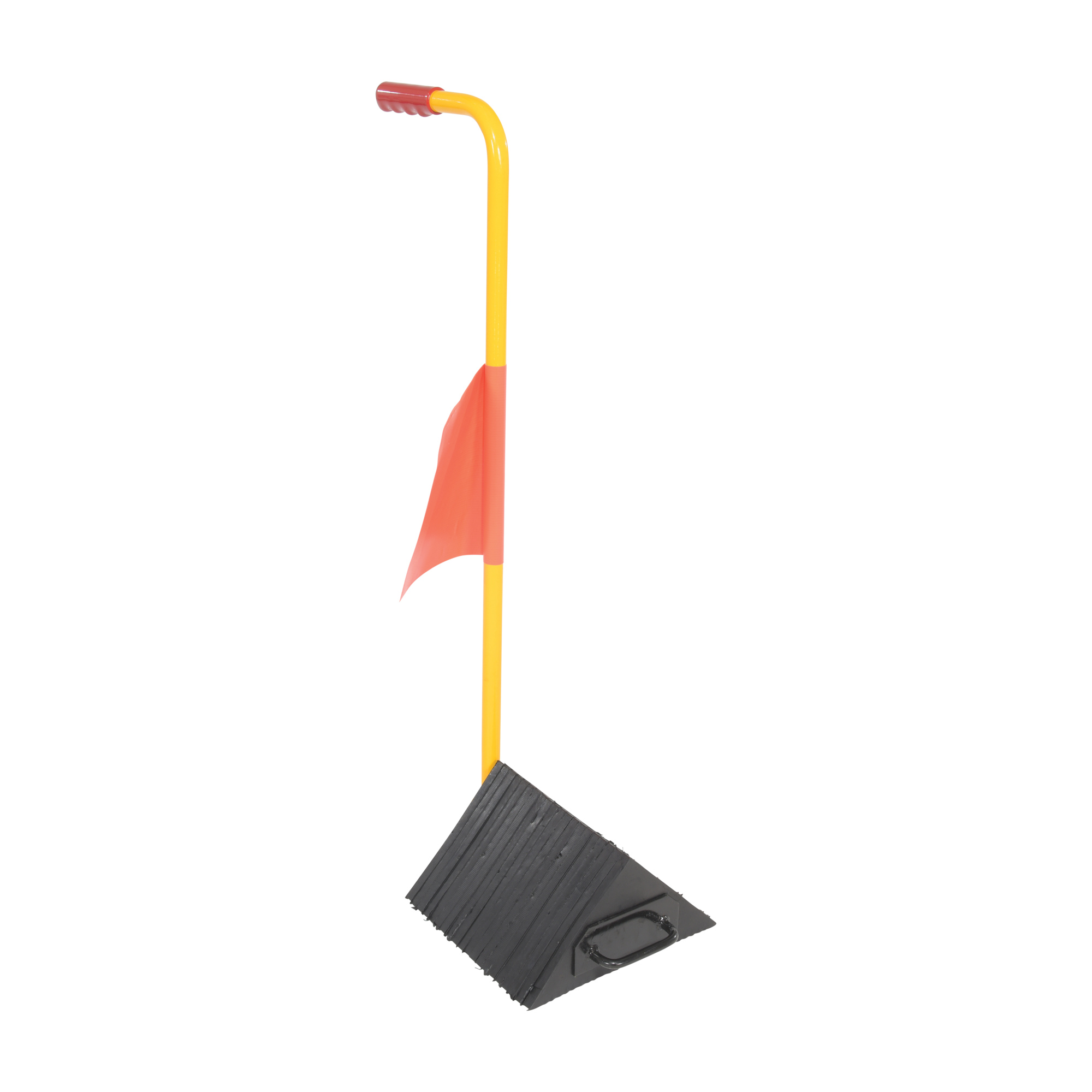 Vestil Rubber Wheel Chock with Flag - Reinforced Rubber, Ergo Handle, Durable Design, Model# LWC-14M-ERGO-FL
