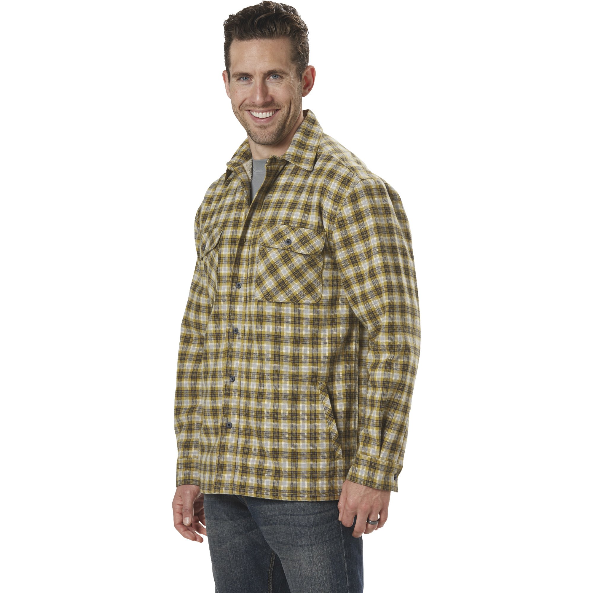 Gravel Gear Men's Sherpa-Lined Flannel Shirt Jacket - Moss/Navy, Medium ...