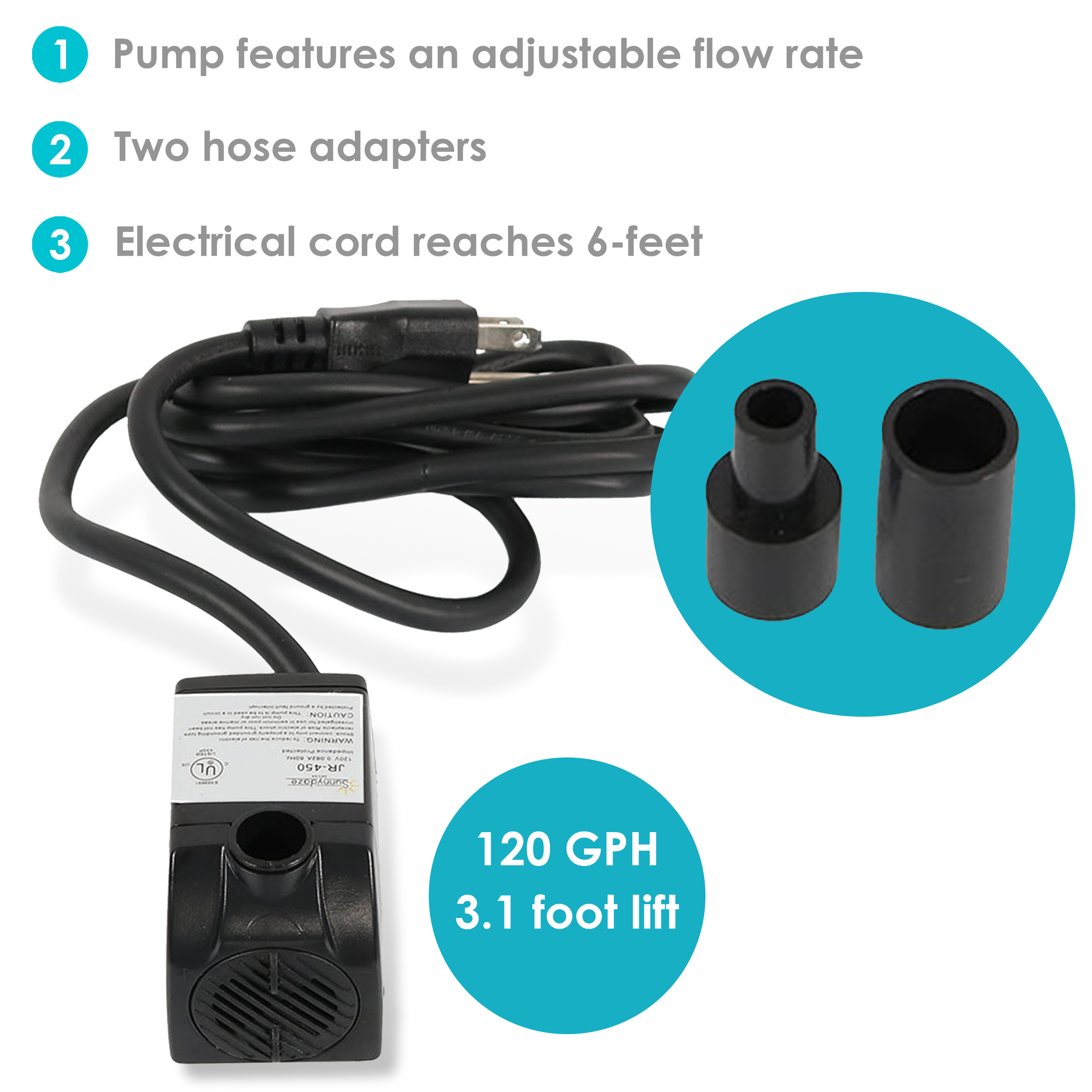 Sunnydaze 660 GPH Submersible Pond Pump – 120V, 3 Spray Heads, Filter Included, 6-Foot Cord, For Fountains & Water Features
