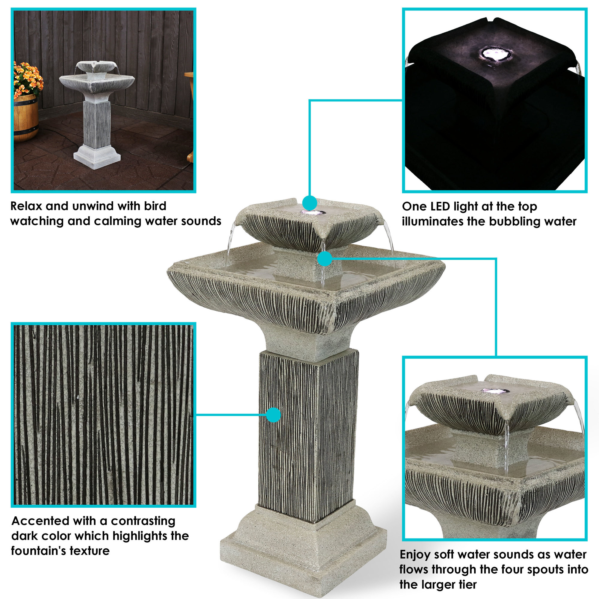 Sunnydaze Decor 25 in. H Electric Resin 2-Tier Outdoor Square Bird Bath Water Fountain with LED Lights