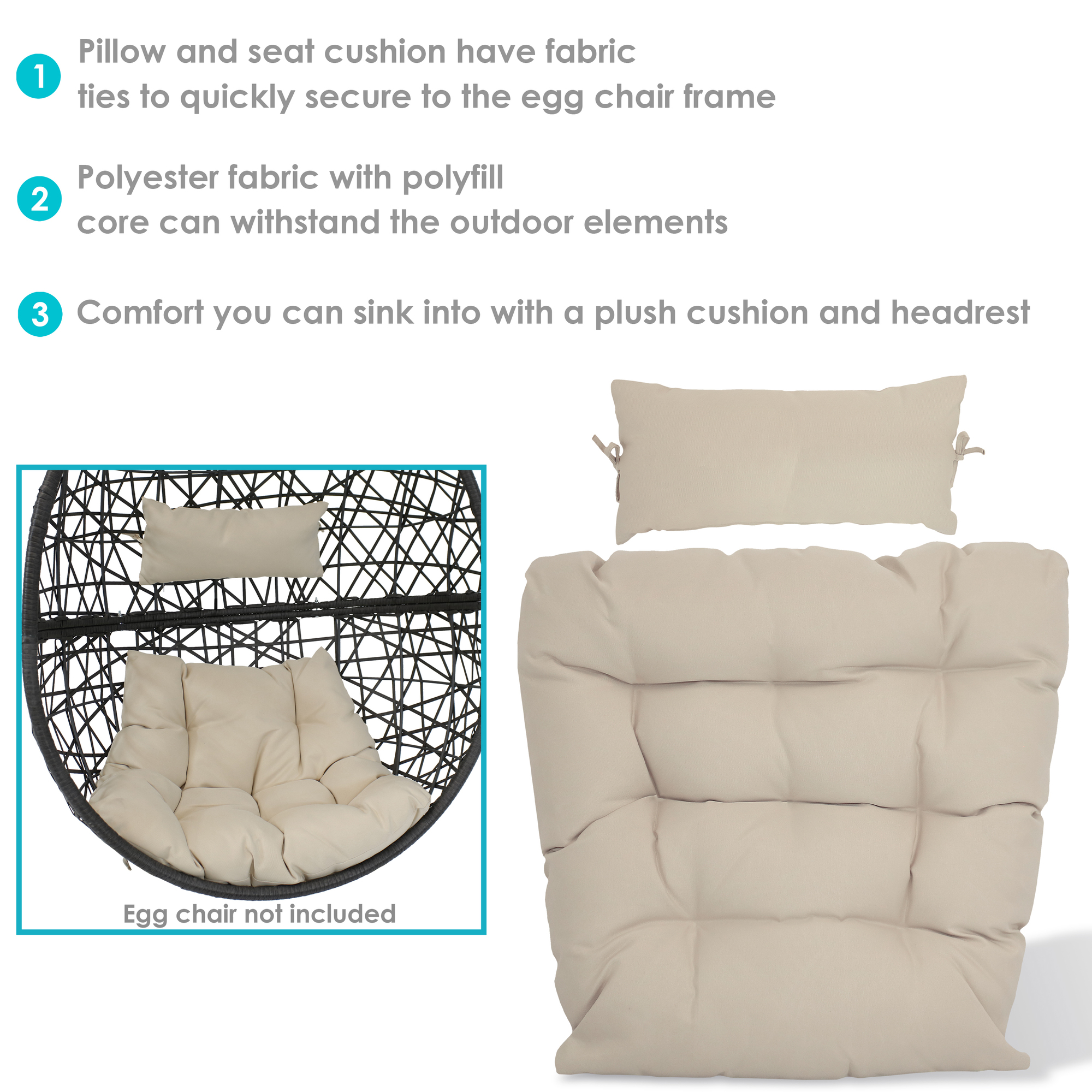 Sunnydaze Decor, Cushion Set for Caroline Egg Chair - Beige, Shape  Rectangle, Fabric Material Polyester, Model# AJ-727-741-CUSH