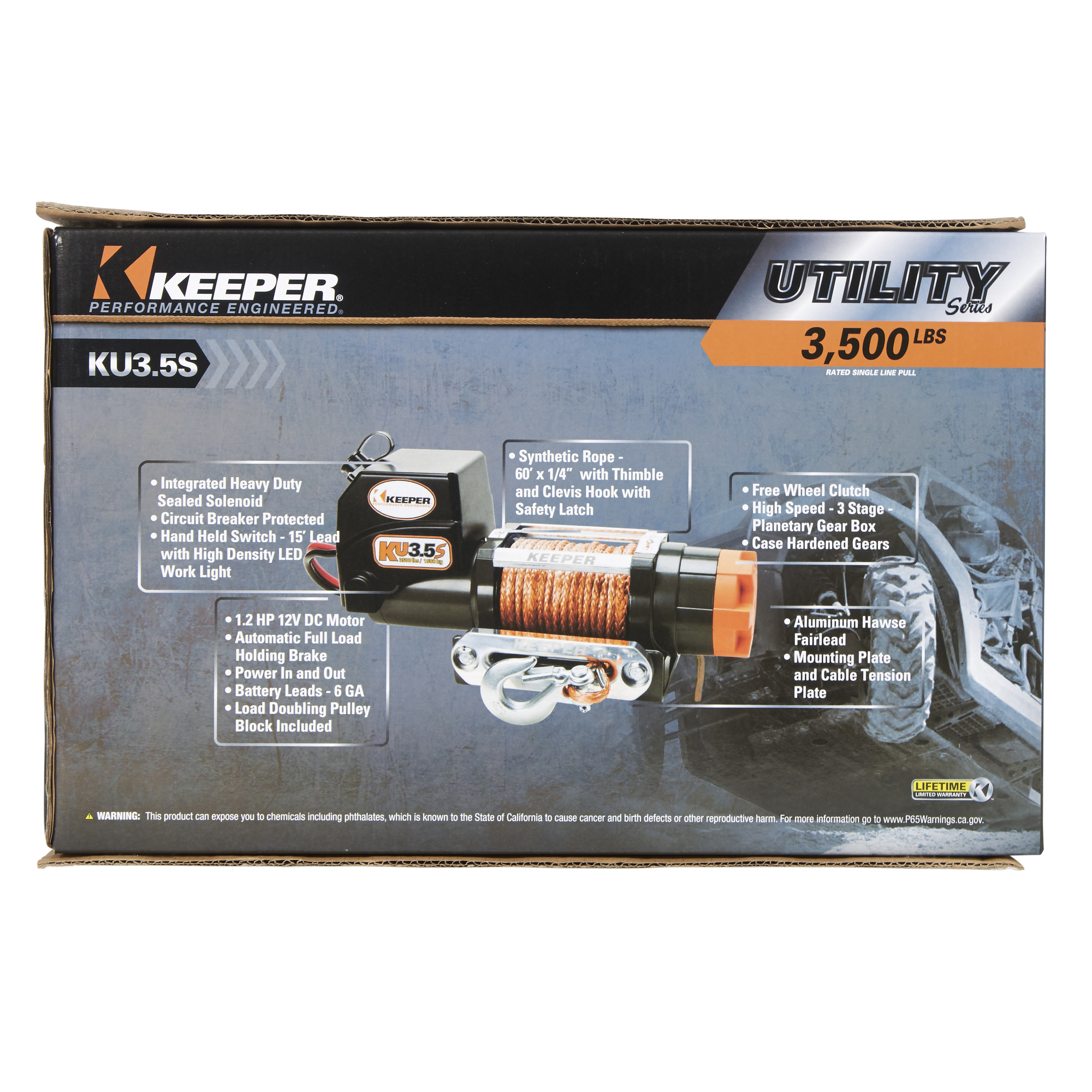 Keeper DC Powered Winch, Remote, Plate, 3500lb. Capacity, Volts 12