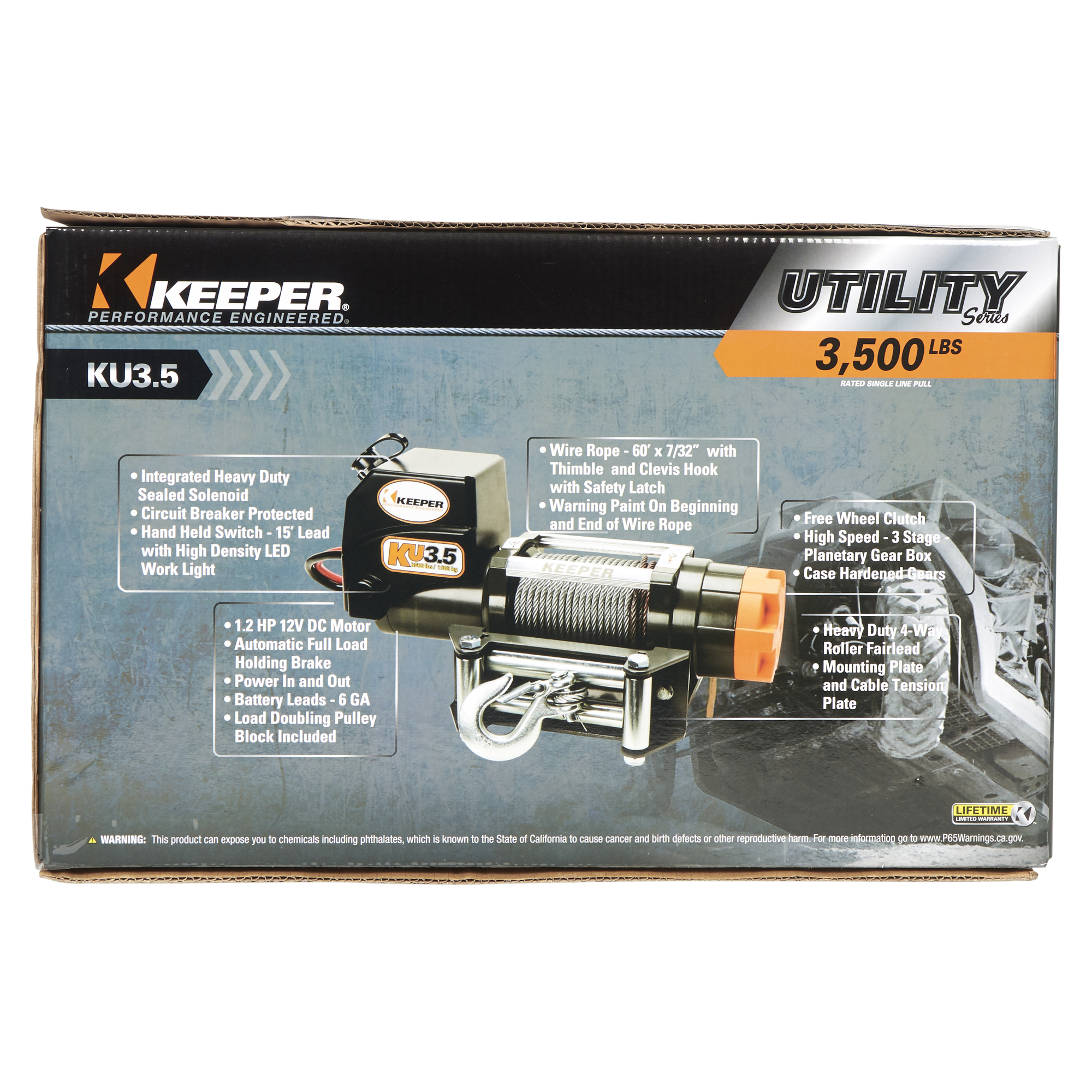 Keeper KU, DC Powered Winch, Remote, Plate, 3500lb. Capacity, Volts 12