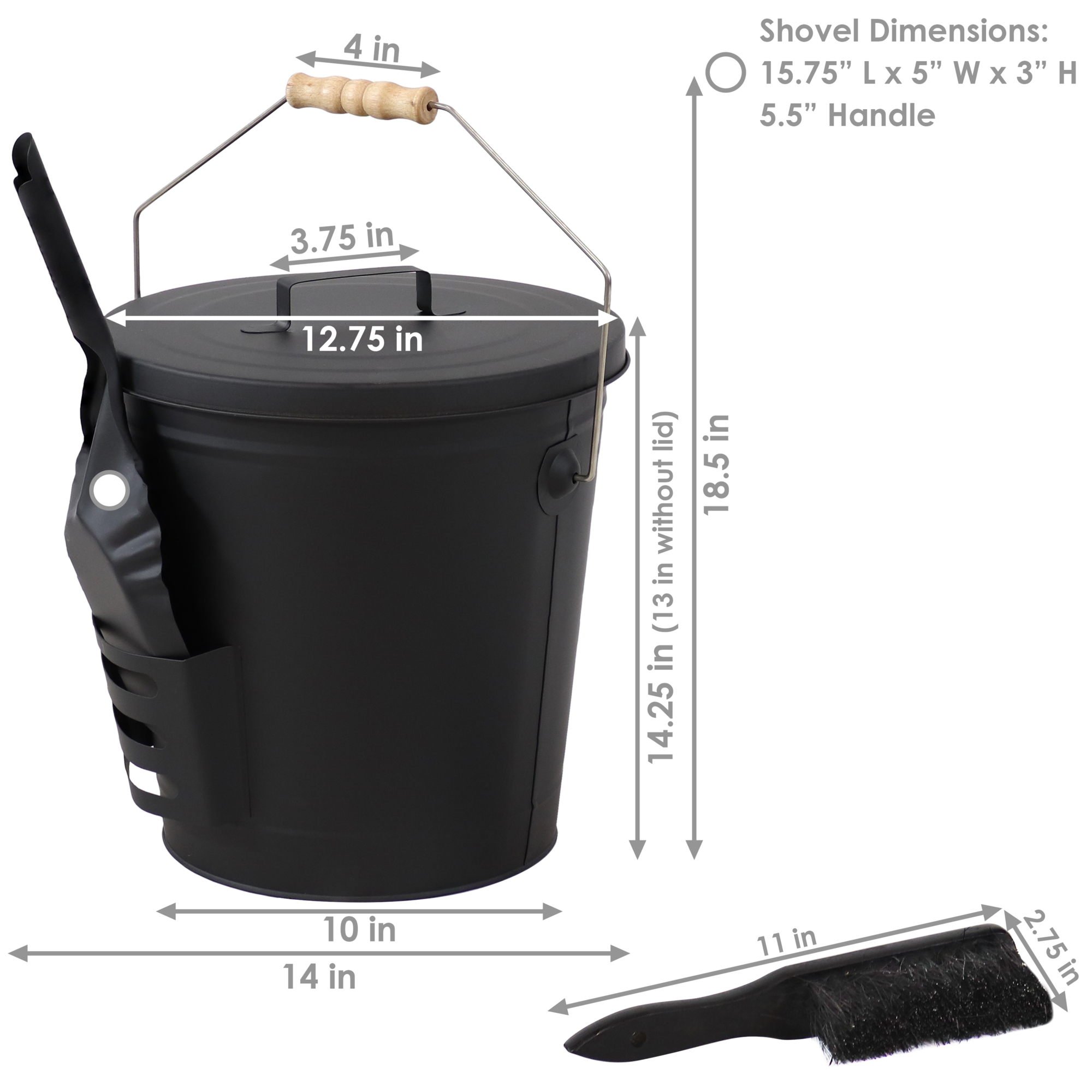 Steel Ash Bucket With Lid Shovel Brush,Firewood Carrier Bag,5Pcs