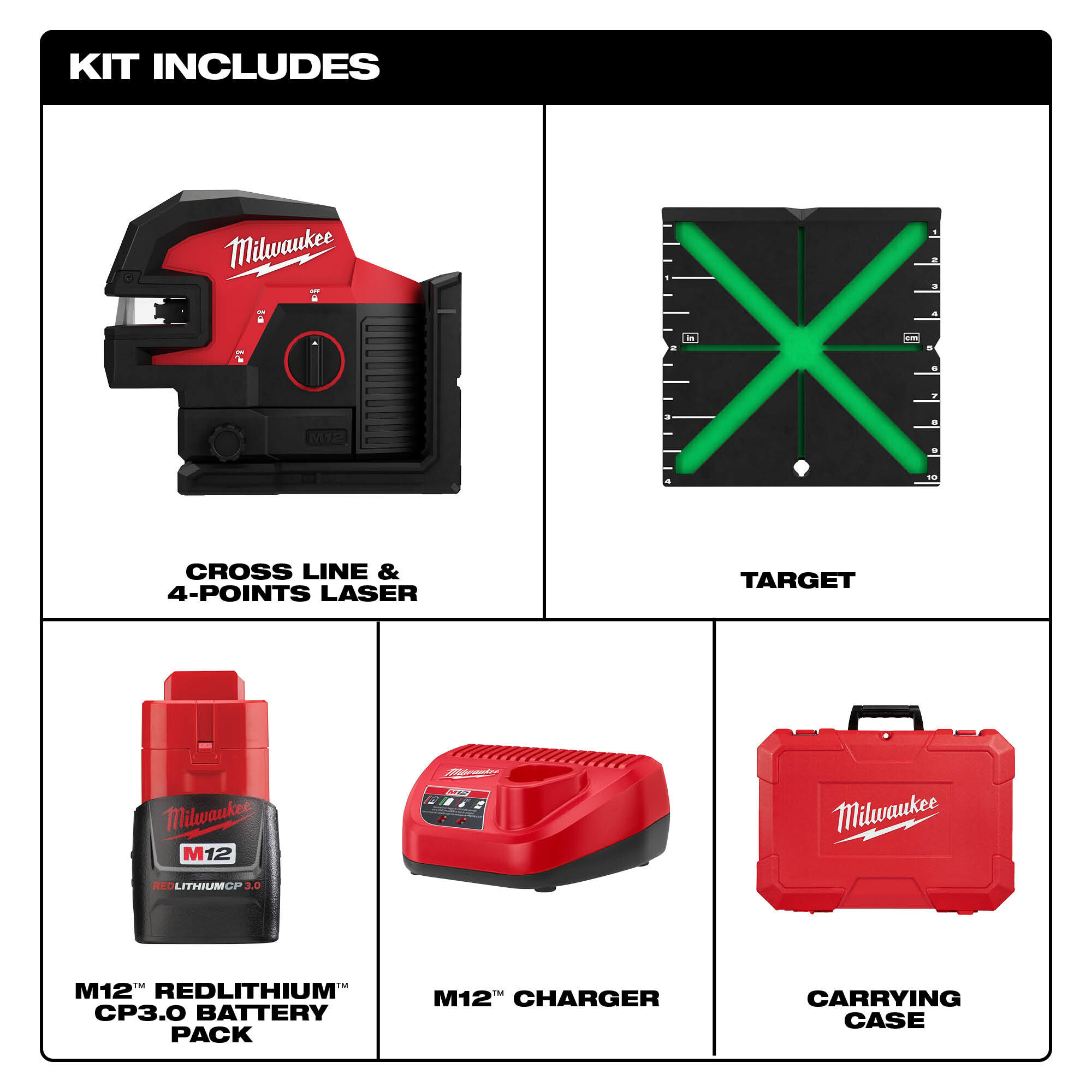 Milwaukee, M12 CROSS W/4 POINT LASER KIT, Level Type Cross Line Laser ...