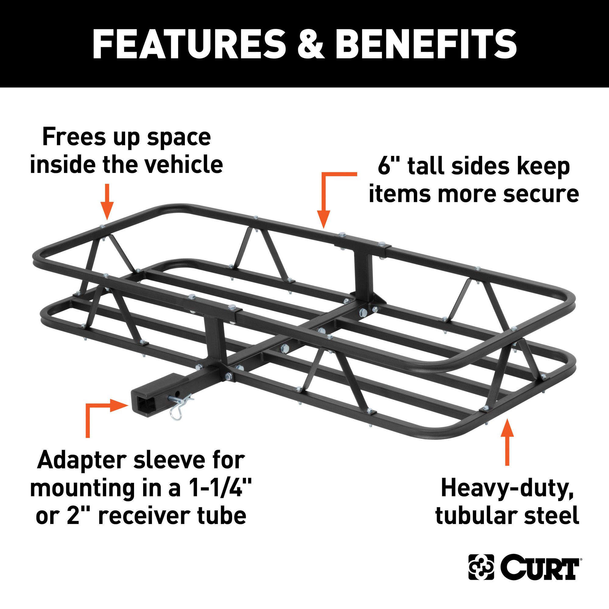 Curt Manufacturing, 48 x 20in. Basket Hitch Cargo Carrier, Capacity 500 lb, Receiver Size 2 in