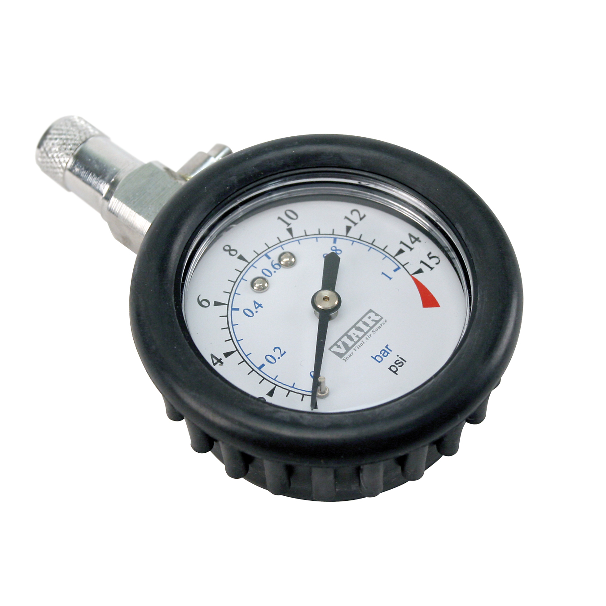 Viair Tire Air Gauge - 2.0in. White Face, 0-15 PSI, Rubber Boot, Bleeder Valve, Model# 90058