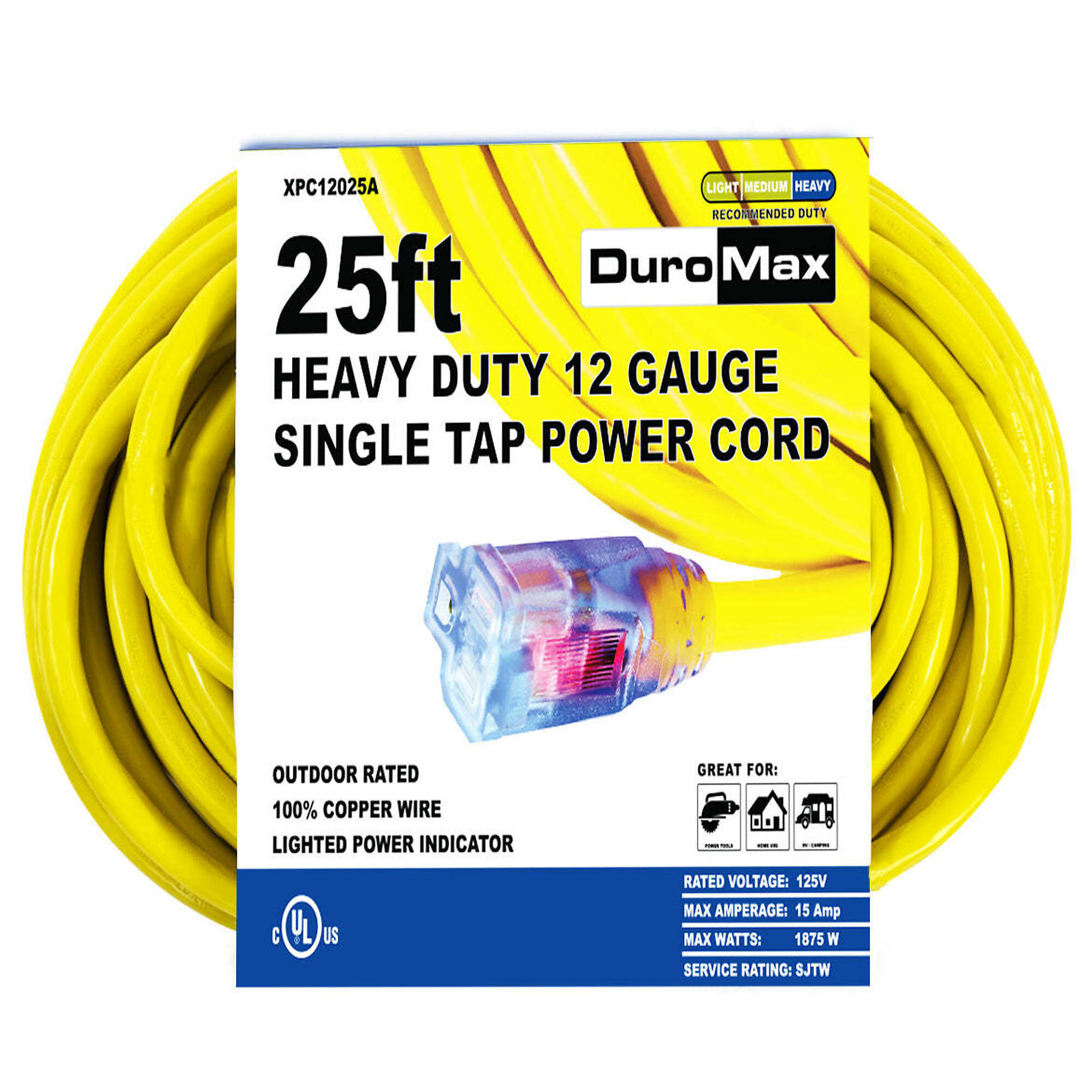DuroMax, 25ft. 12 Gauge Single Tap Extension Cord, Amps 15 Cord Length 25 ft, Max. Volts 120 Model# XPC12025A