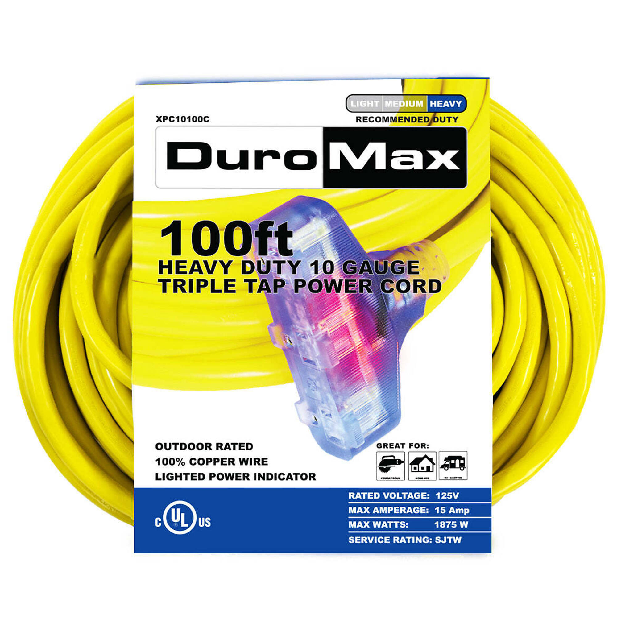 DuroMax, 100ft. 10 Gauge Triple Tap Extension Cord, Amps 15 Cord Length 100 ft, Max. Volts 120 Model# XPC10100C