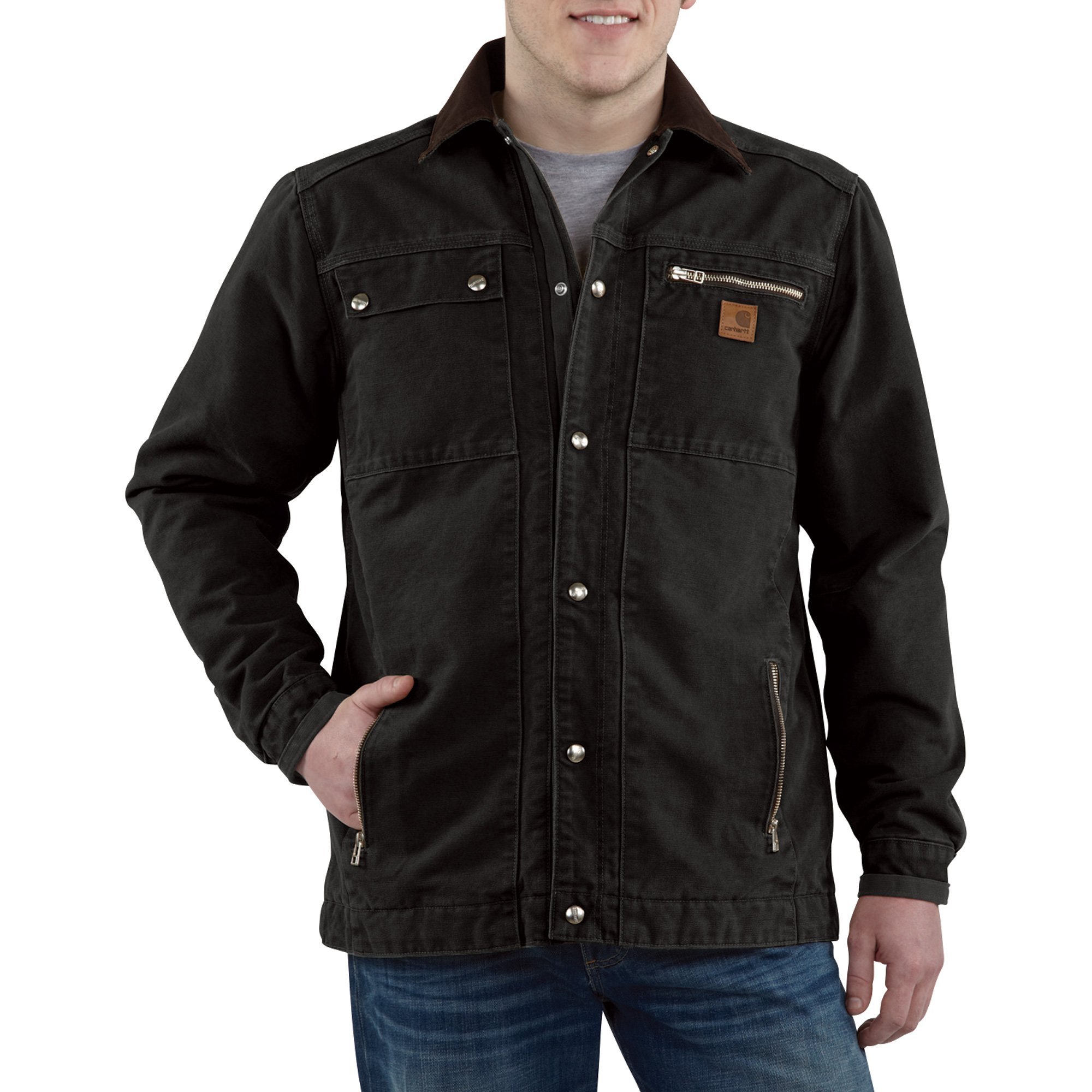 Sandstone Multi-Pocket Quilt-Lined Jacket — Black, Medium, Model