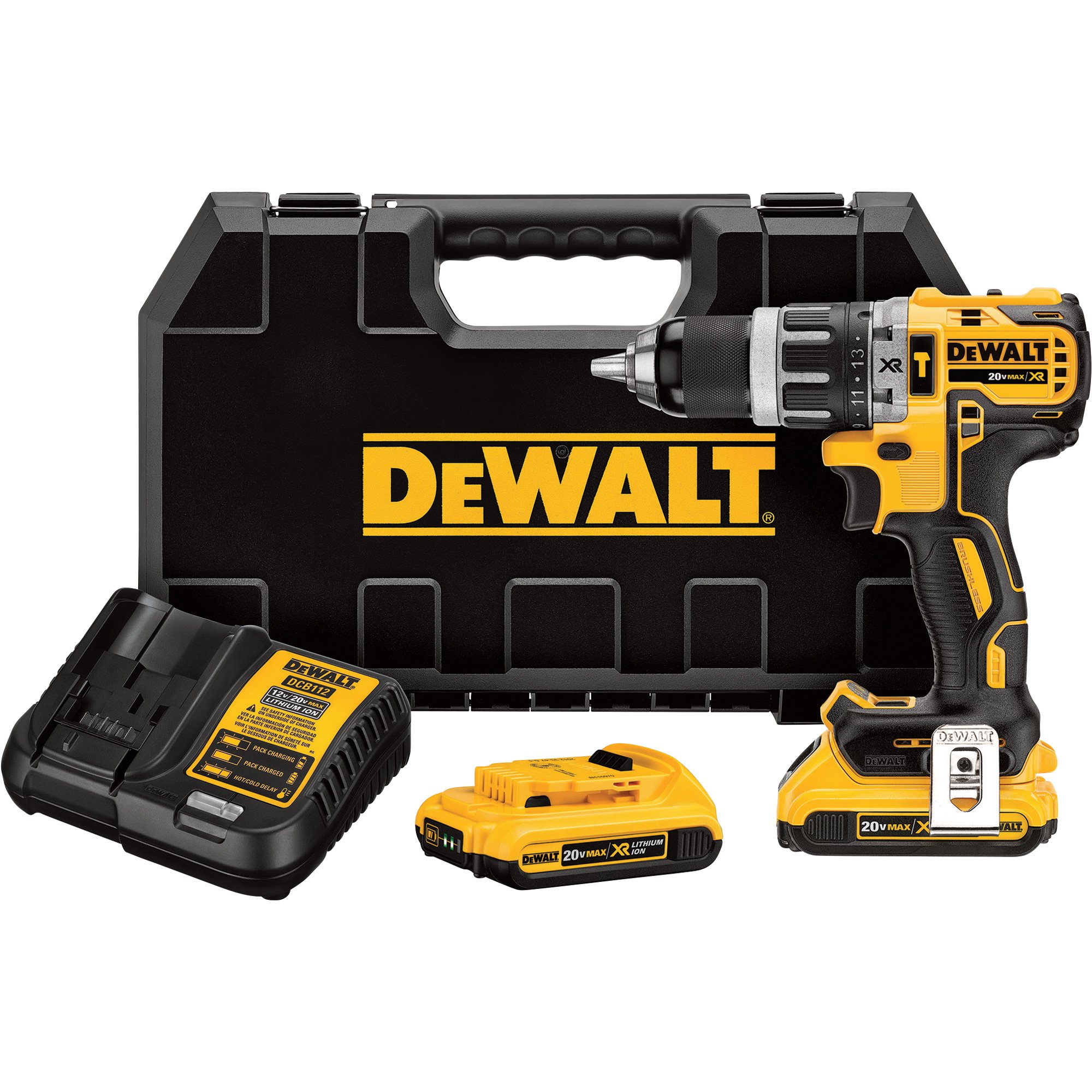 DEWALT 20V MAX XR Li-Ion Cordless Electric Compact Hammerdrill Kit — 2 Batteries, Brushless, 1/2in. Chuck, 2000 RPM, 34,000 BPM, Model# DCD796D2