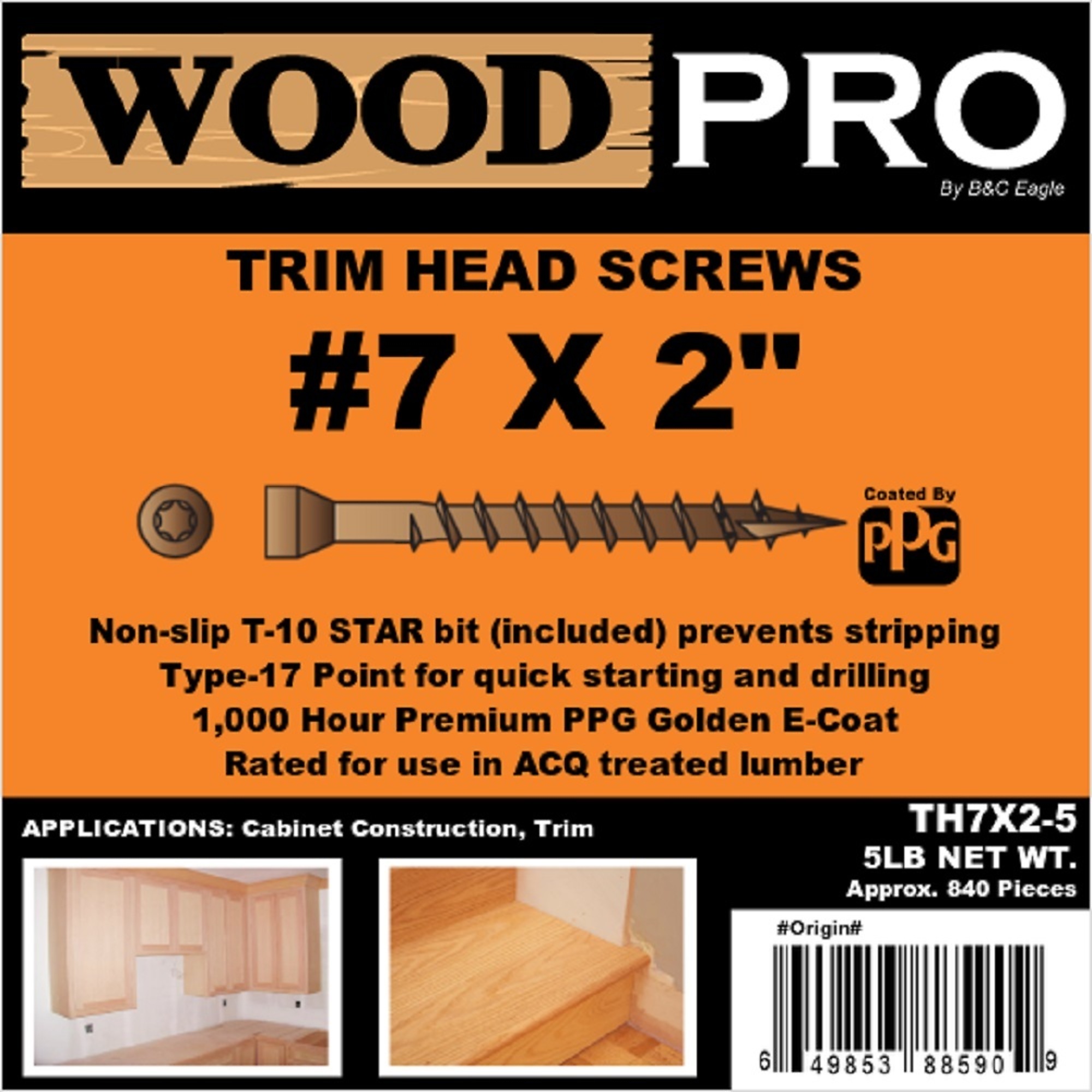 WoodPro #7 X 2" Trim Head Wood Screws - T10 Star Drive, Golden E-Coat, 1 Lb (~174 Pieces) With Bit