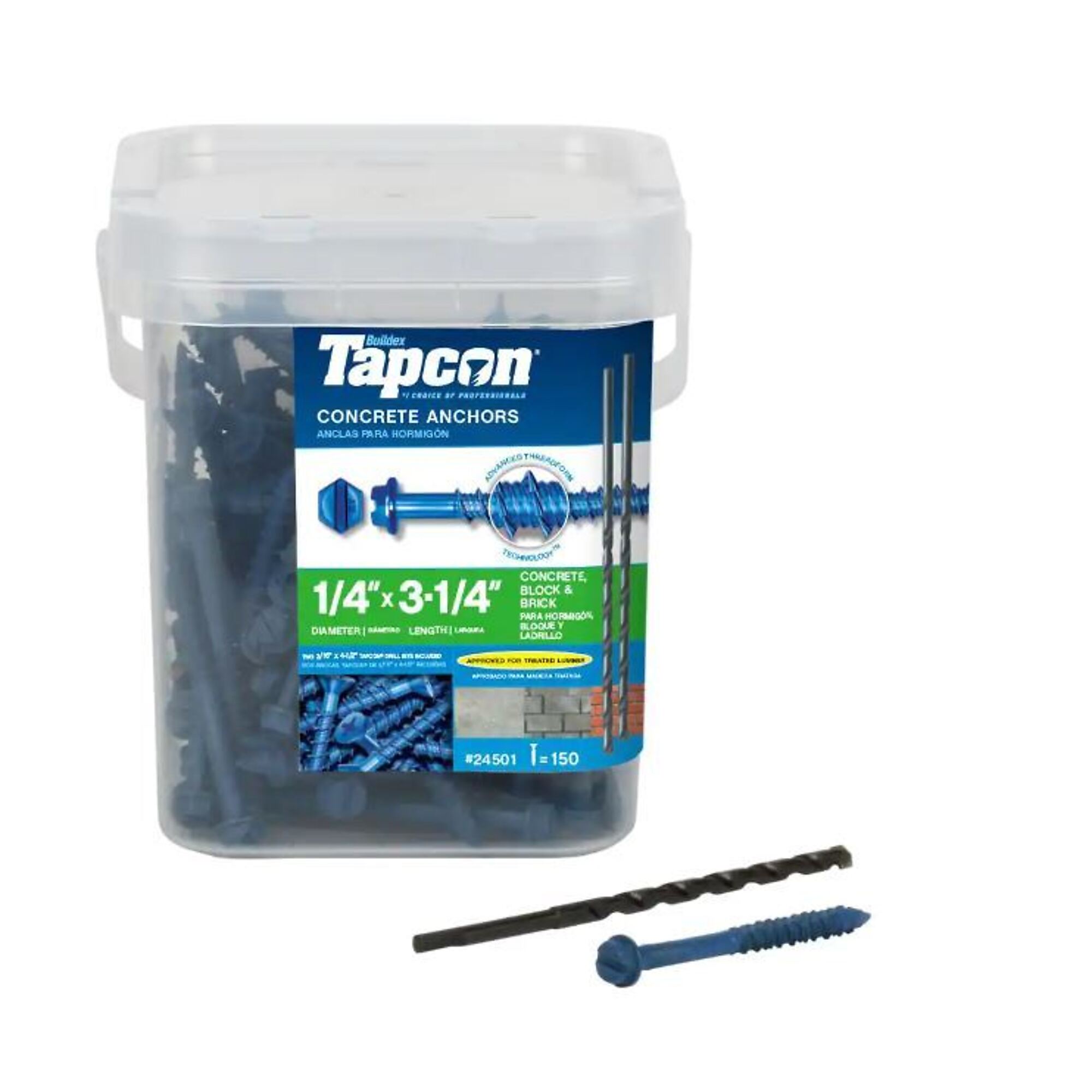 Tapcon, 1/4in.3-1/4in. HEX Washer SCREW ANCHOR 150CT, Model# 24501
