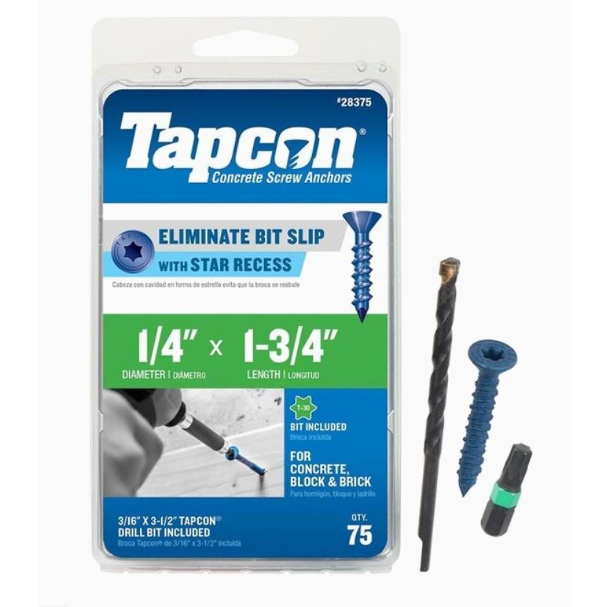 Tapcon, 1/4x1-3/4 Blue Concrete Anchor 75pk, Model# 28375
