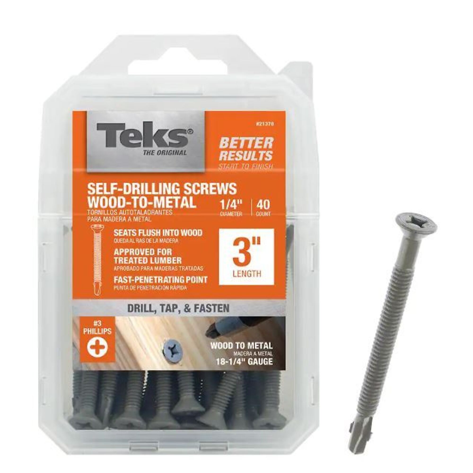 Teks Phillips Flat Head Wood-to-Metal Screws - 1/4in. x 3in., 40 Ct., Self-Tapping, Model# 21378