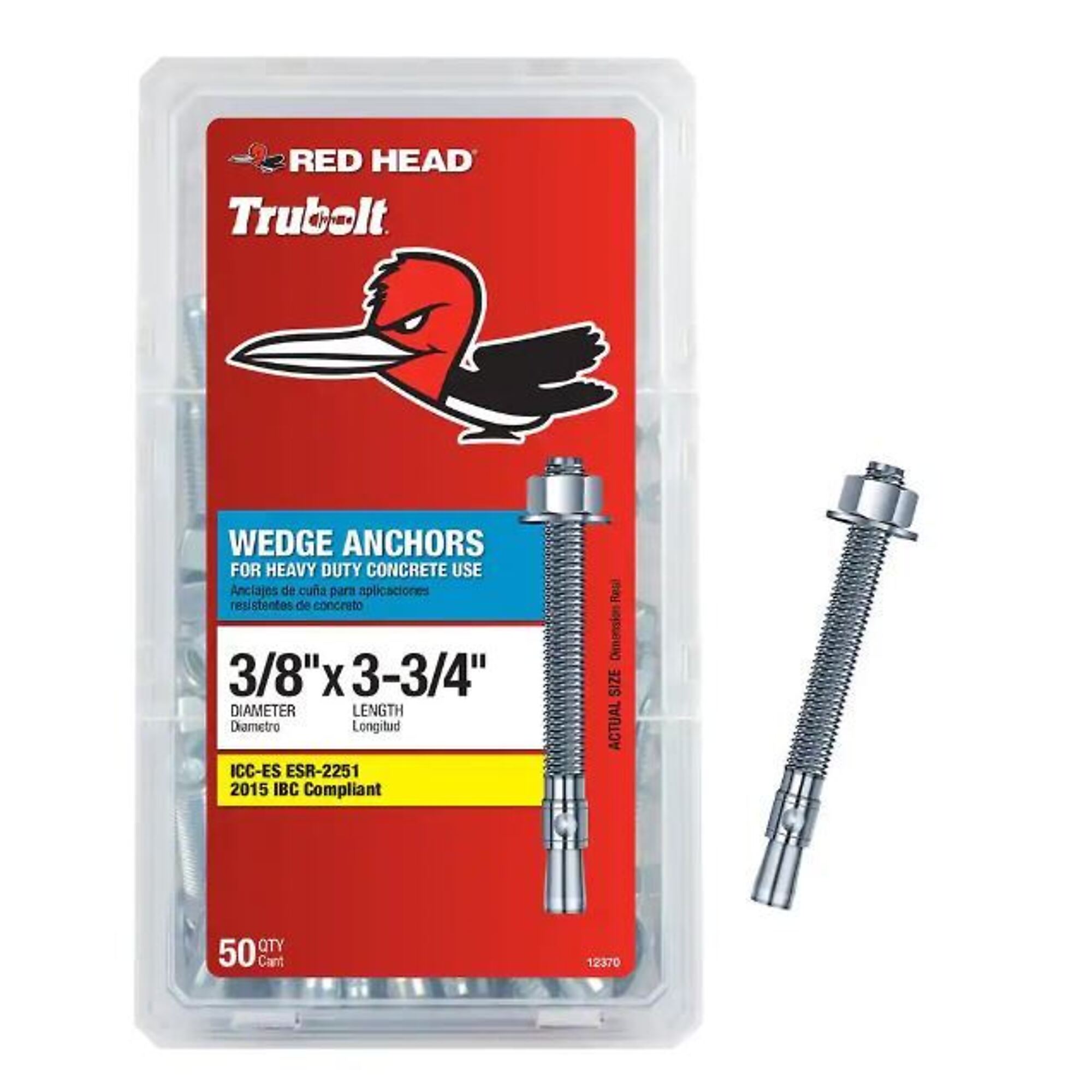 Red Head Wedge Anchors - 3/8in. x 3 3/4in., Steel, Zinc Plated, 50 Pcs, Model# 12370
