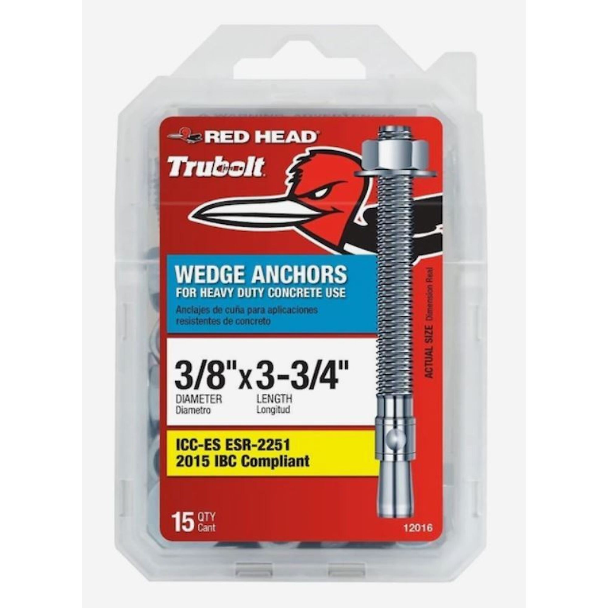 Red Head Wedge Anchors - 3/8in. x 3-3/4in., Zinc-Plated Steel, 15 Pcs, Model# 12016