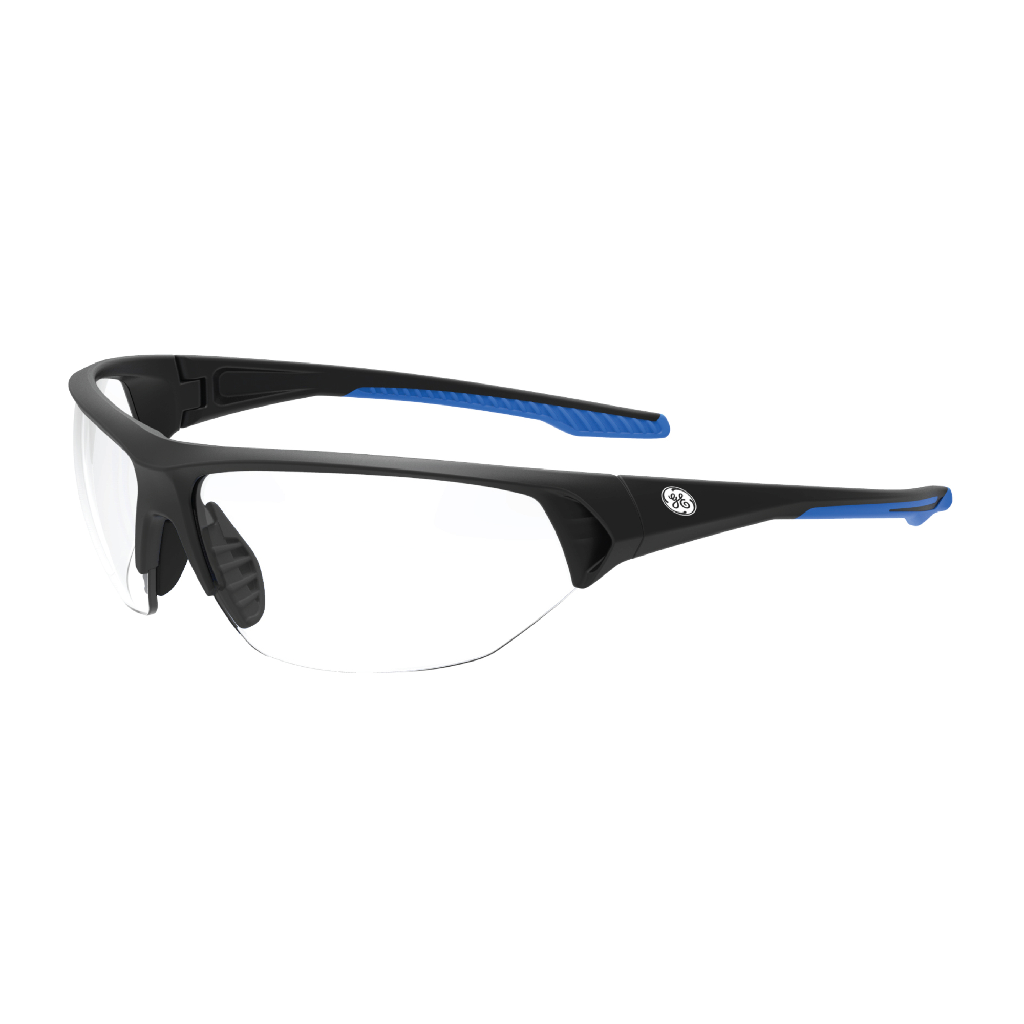 General Electric,Black/Black Safety Glasses Clear Af Lens, Anti-slip TPR temple tips, 100% Polycarbonate lens and 9.5 base curve. It has Sporty Style Frame and Soft and anti-slip nose pads. Model# GE106CAF