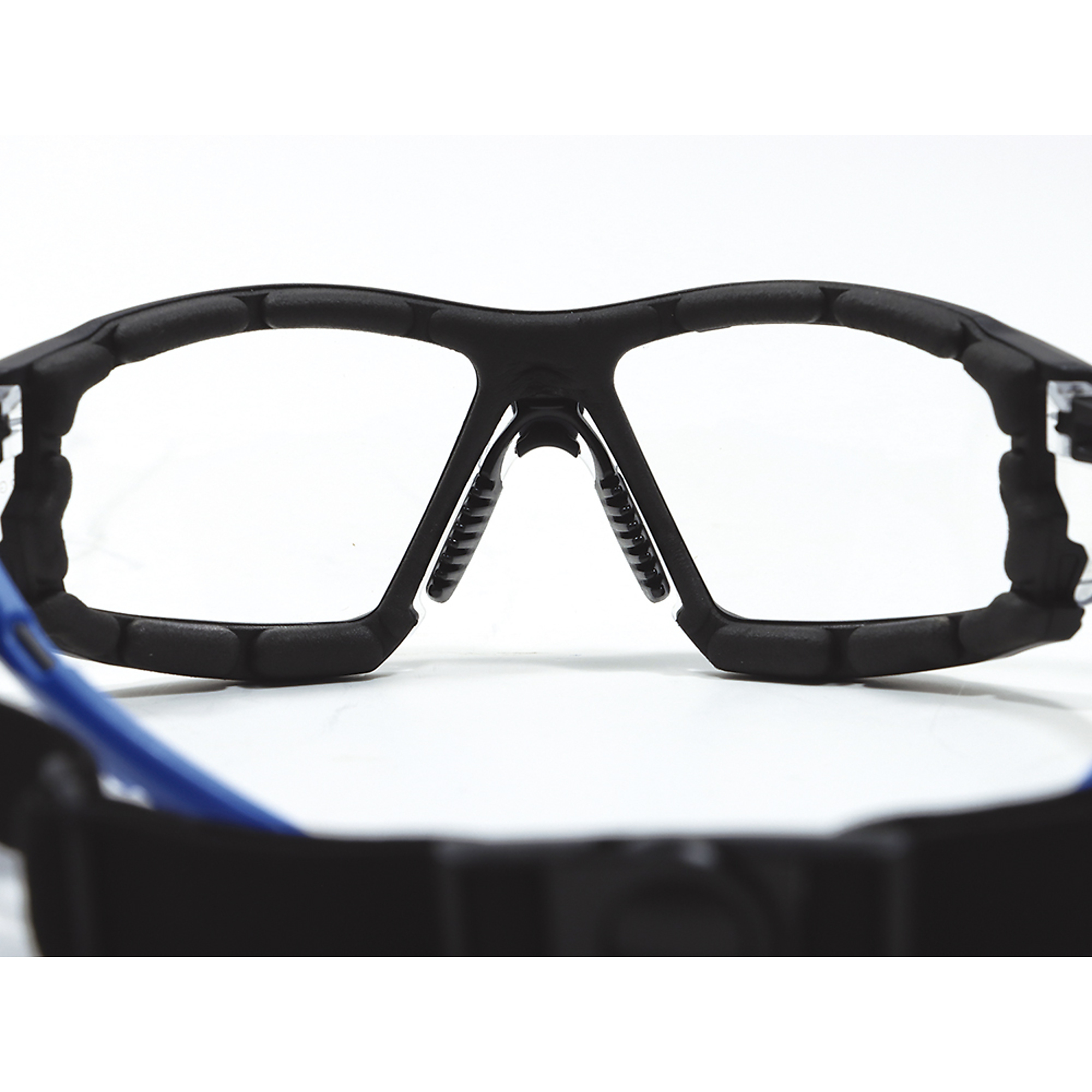 General Electric, Black/Blue Frame Safety Glasses w/Clear Lenses, Frame  Color Black, Lens Color Clear, ANSI Z87 Compliant, Model# GE105CAF