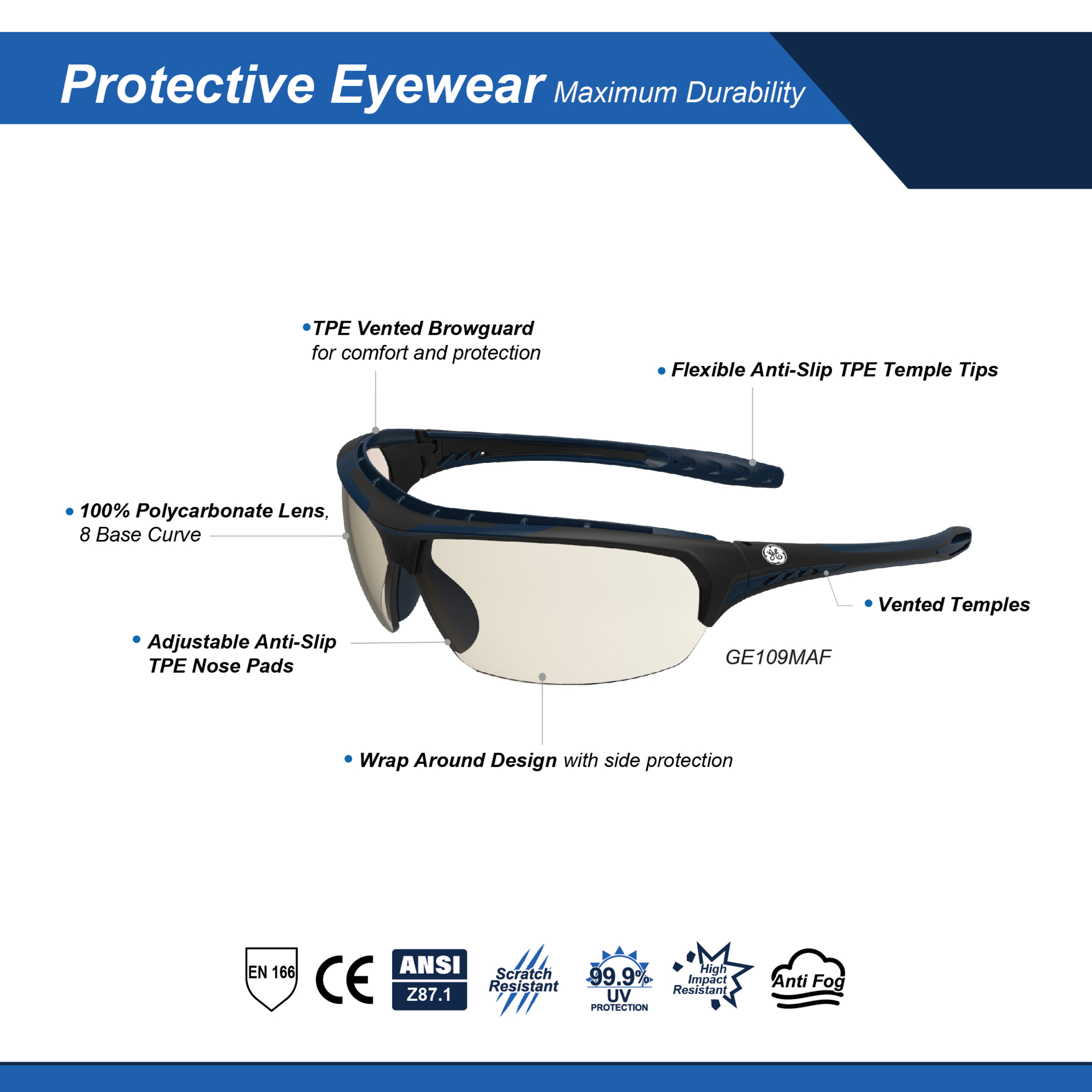 General Electric, Safety Glasses, Indoor/Outdoor Mirror Lens AntiFog ...