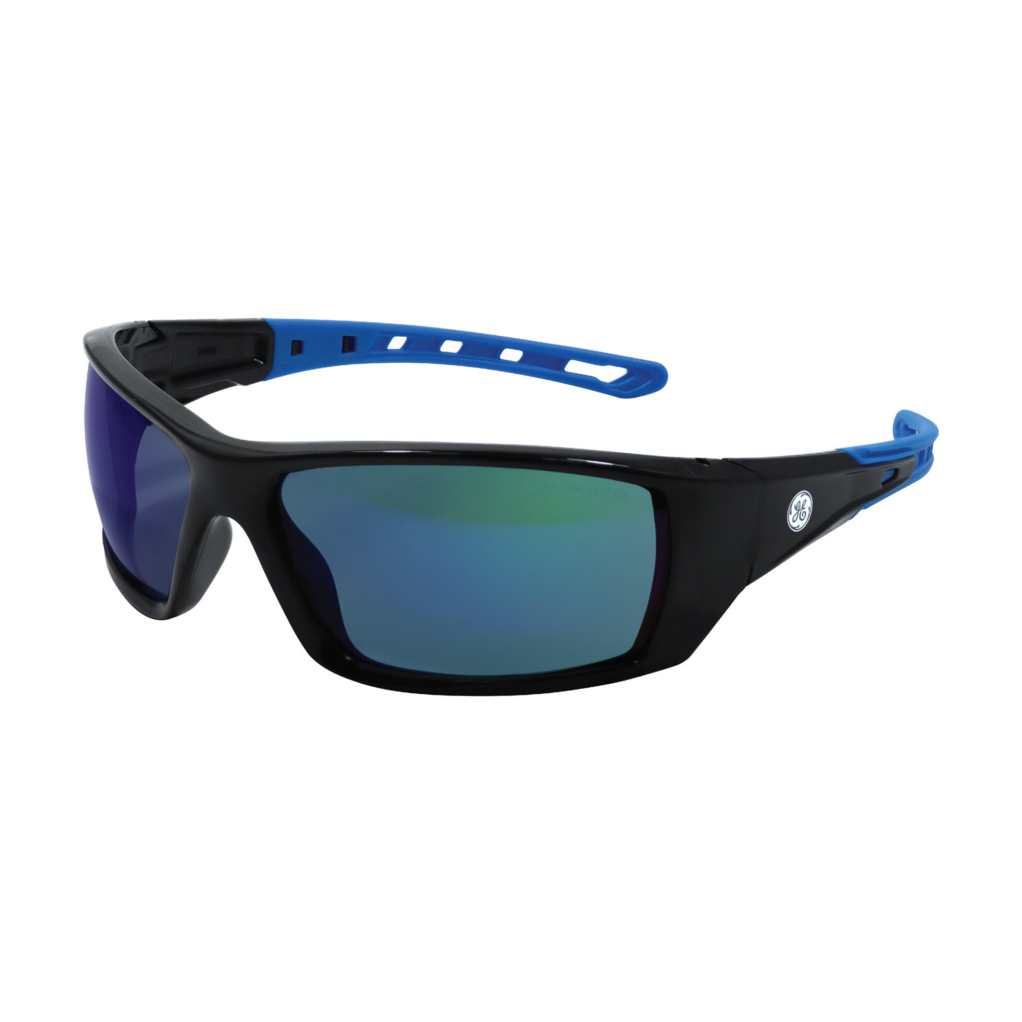 General Electric, Safety Glasses, Blue Mirror Lens, Anti FogScratch, Frame Color Black, Lens Color Blue, ANSI Z87 Compliant, Model# GE104BAF