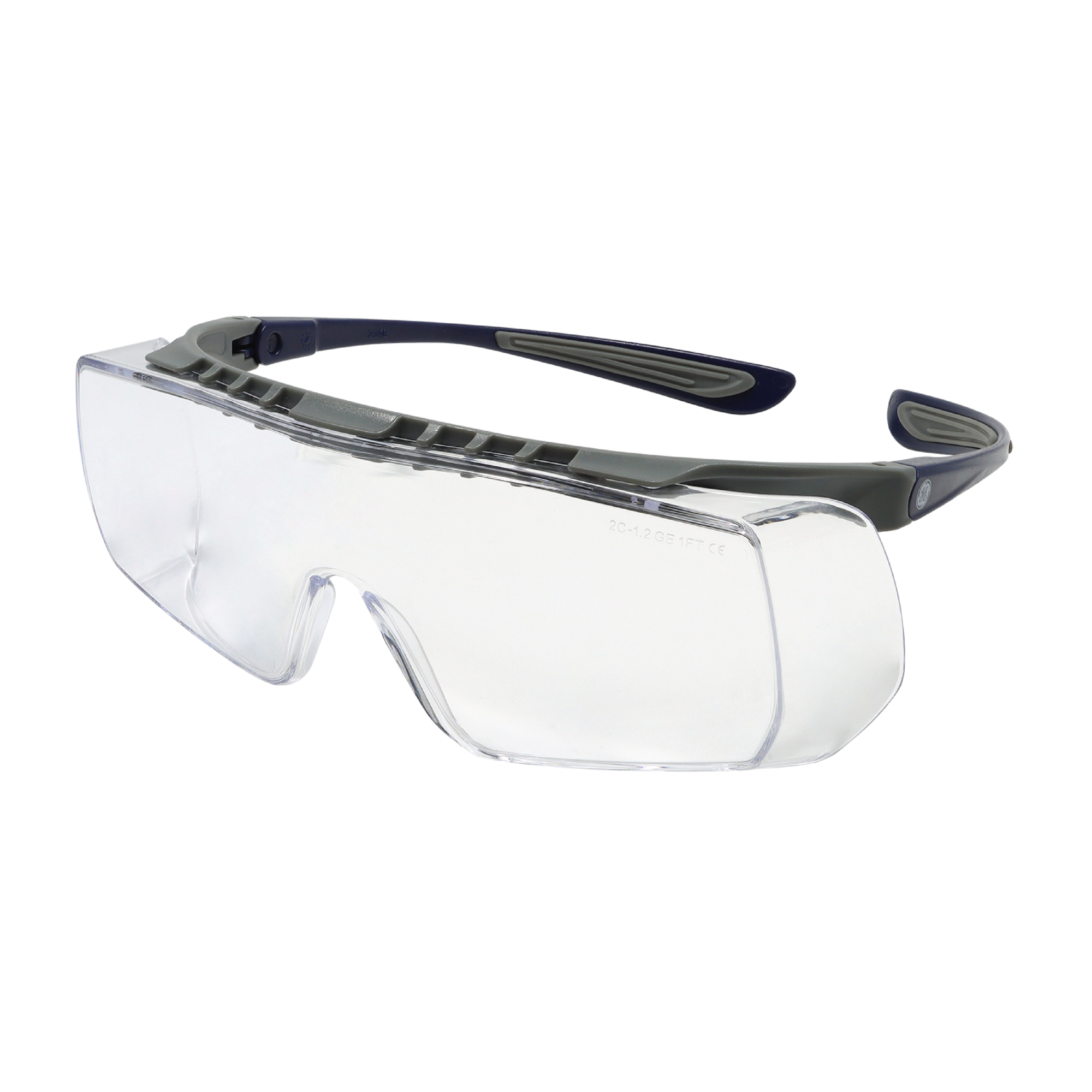 General Electric, Gray/Indigo Frame Safety Glasses w/ Clear Lenses, Frame  Color Gray, Lens Color Clear, ANSI Z87 Compliant, Model# GE112C