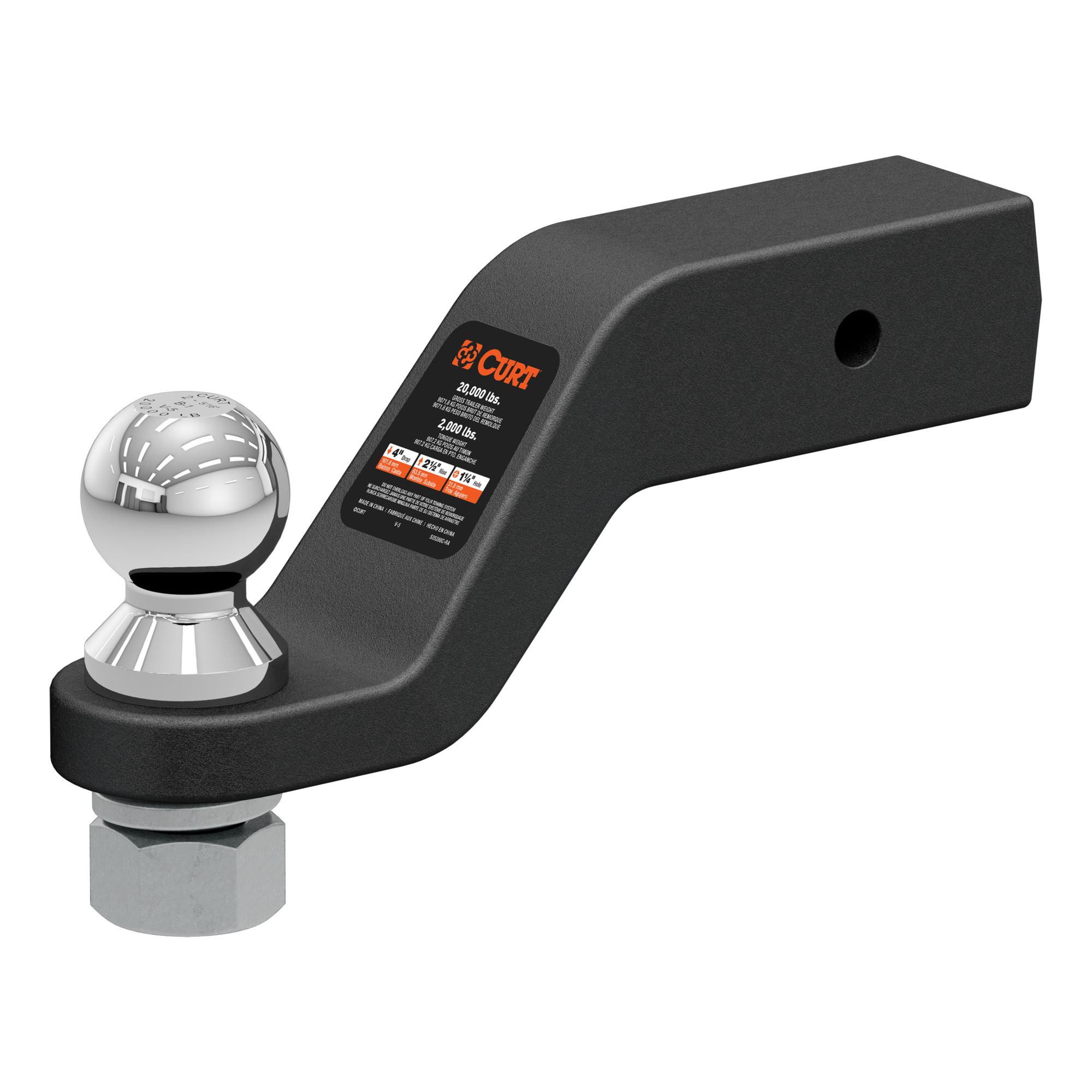 Curt Manufacturing, Loaded Forged Ball Mount w/ 2-5/16in. Ball 2-1/2in. Shank,4in. Drp, Gross Towing Weight 20000 lb, Ball Diameter 2-5/16 in, Model# 45372