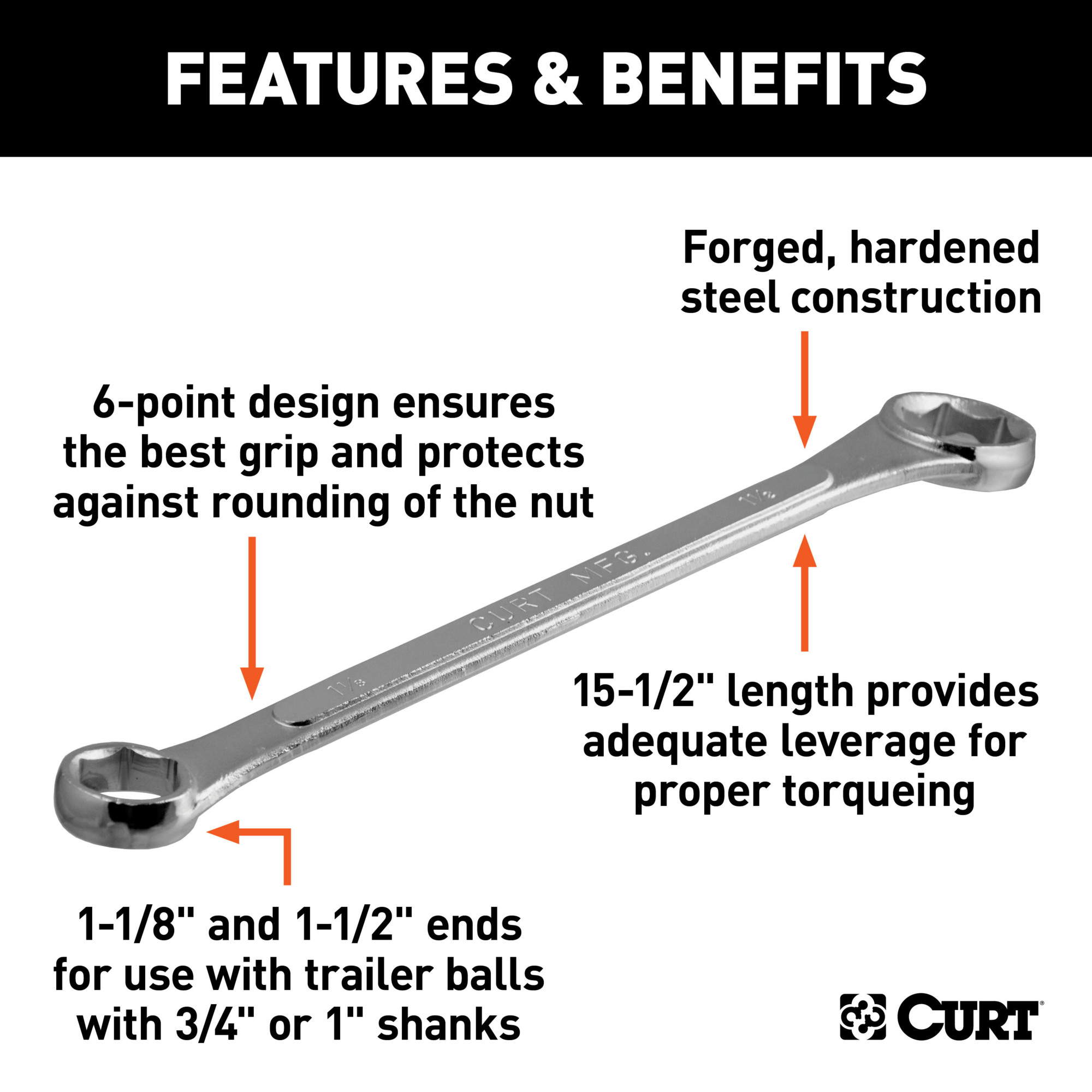 Curt Manufacturing, Trailer Ball Wrench Fits 11/8in. or 11/2in. Nuts, Material Steel, Model