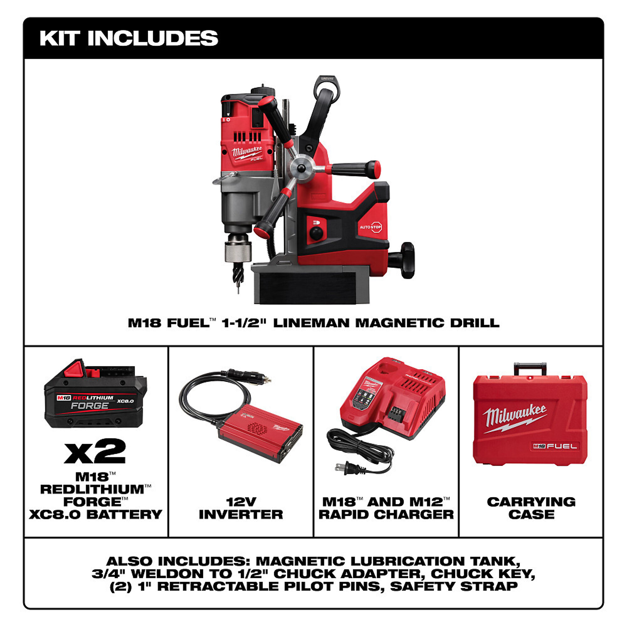 Milwaukee, M18 FUEL 1-1/2in. Lineman Magnetic Drill Kit, Chuck