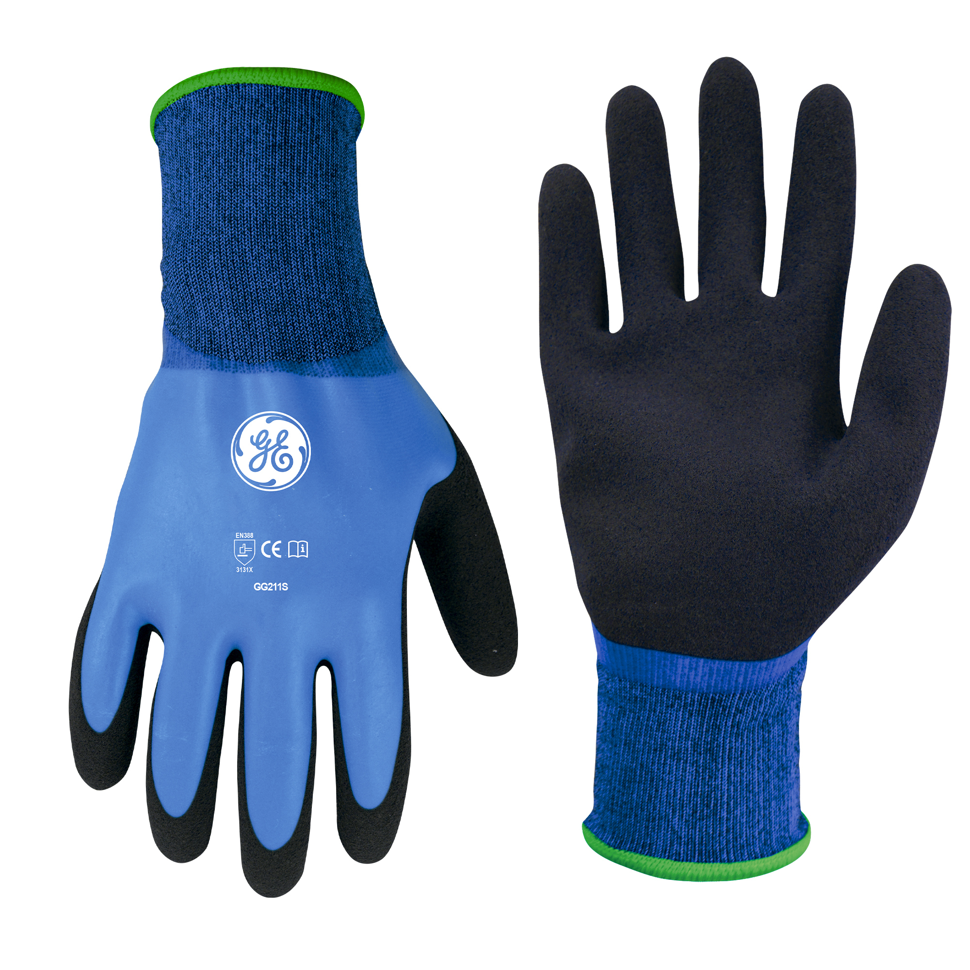 General Electric Dipped Sandy Gloves, Black/Blue, 15GA, 1 Pair, M