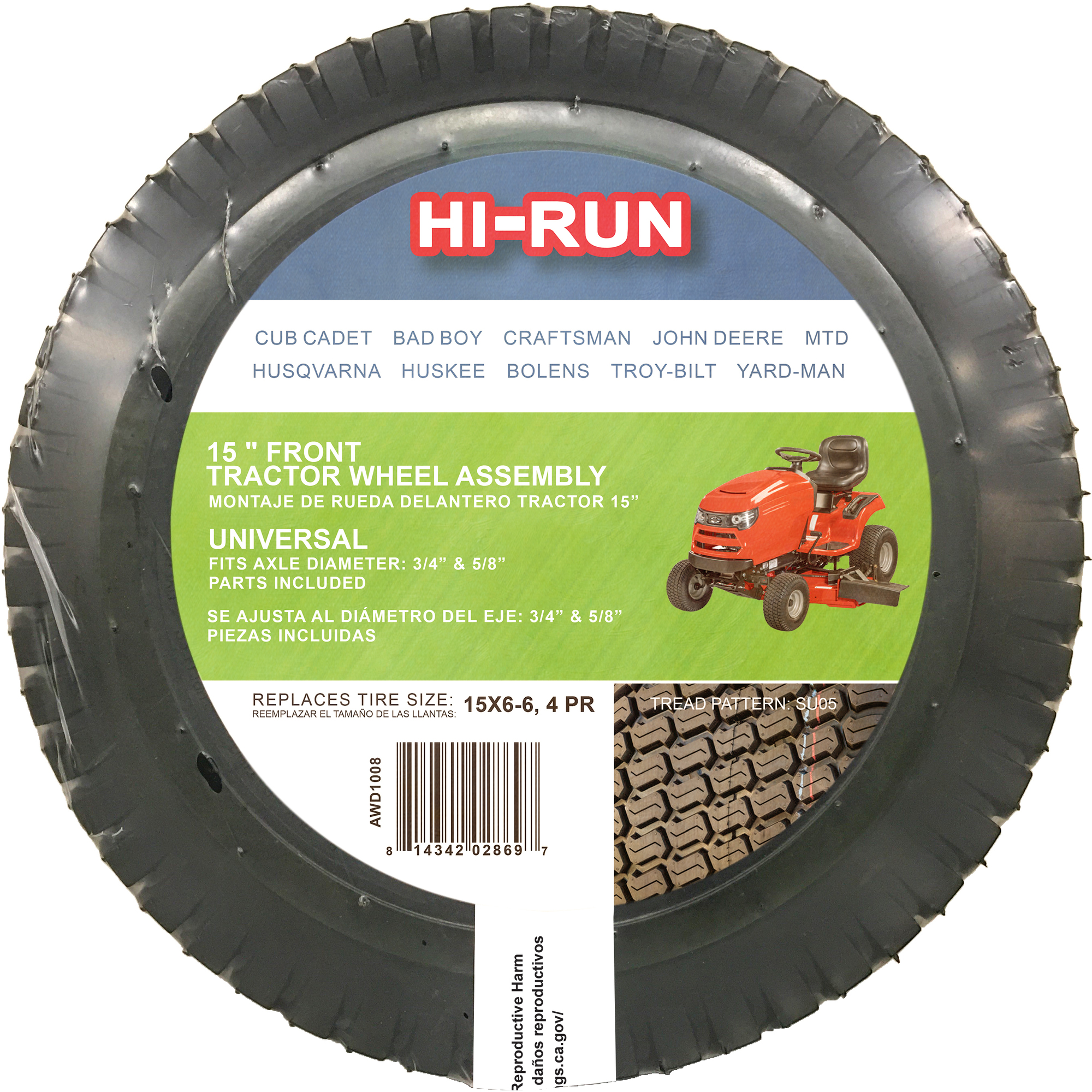 HI-RUN, Universal LG Tire Assembly with Kits, SU05 3/4in. or 5/8in. ID, Tire Size 15X6-6 SU05 Load Range Rating B, Model# AWD1008