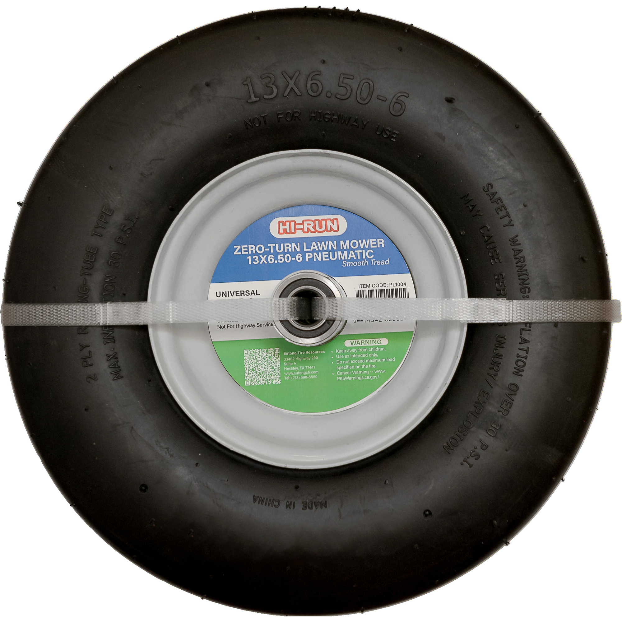 HI-RUN, Universal Pneumatic Tire/Wheel with Kits, 5/8in. 3/4in. ID, Tire Size 13X6.5-6 Load Range Rating A, Model# PL1004