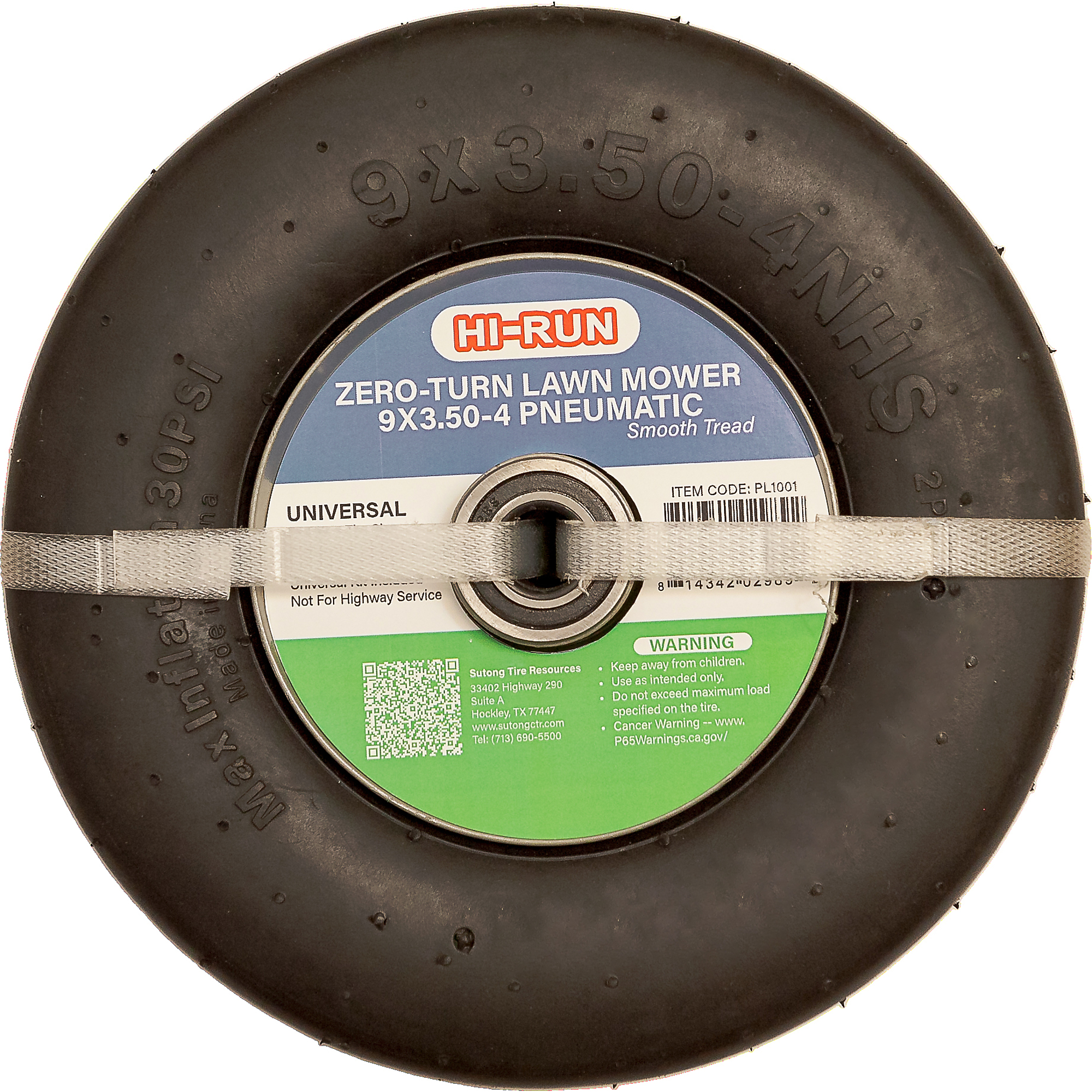 HI-RUN, Universal Pneumatic Tire/Wheel with Kits, 5/8in. 3/4in. ID, Tire Size 9X3.5-4 Load Range Rating A, Model# PL1001