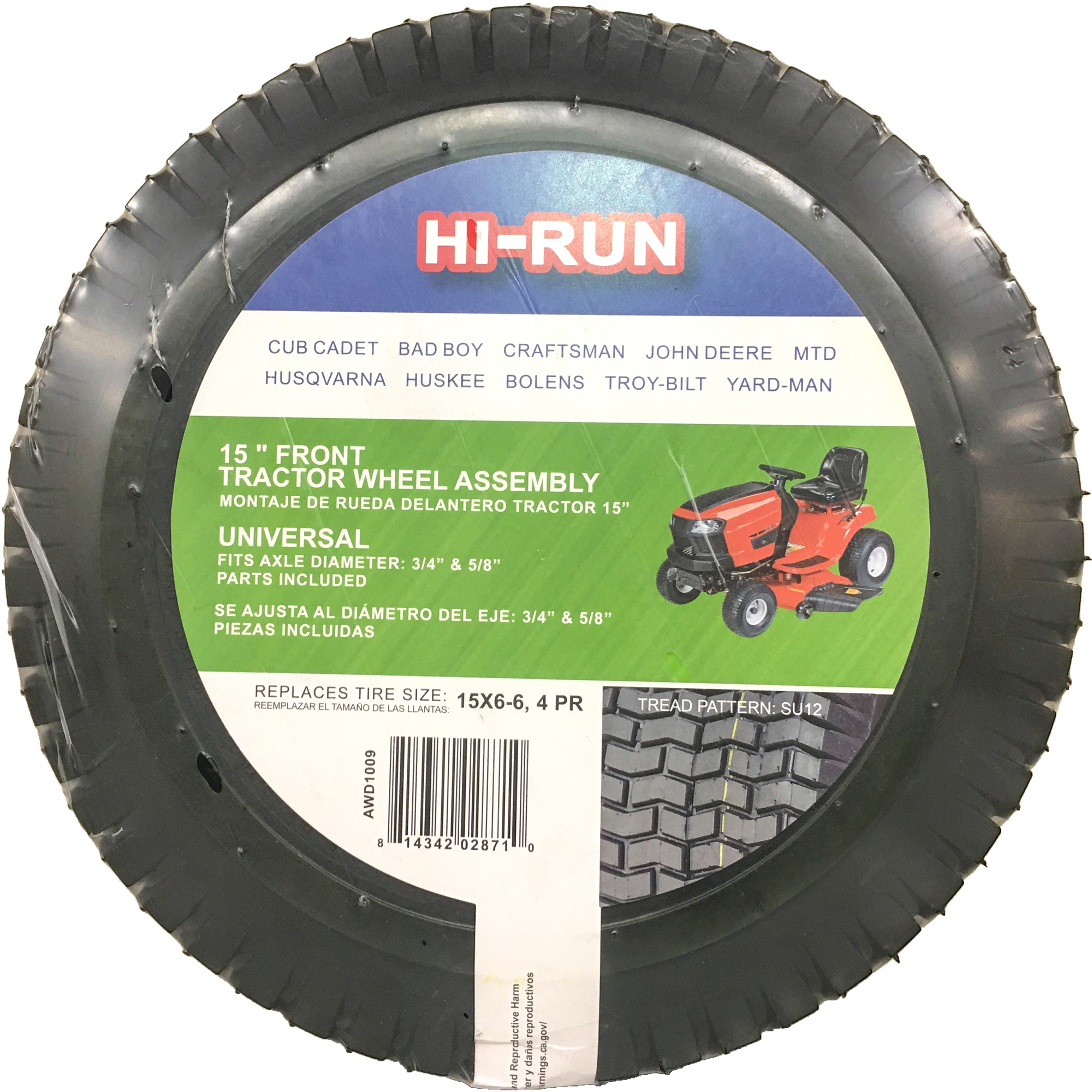 HI-RUN, Universal LG Tire Assembly with Kits, SU12 3/4in. or 5/8in. ID, Tire Size 15X6-6 SU12 Load Range Rating B, Model# AWD1009