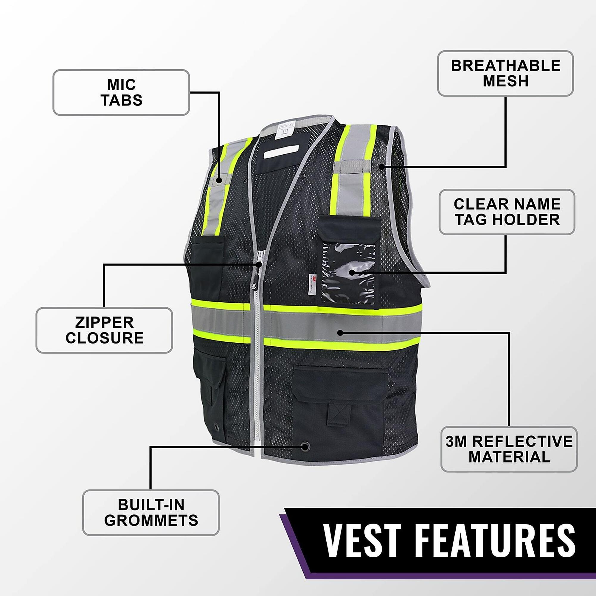 FrogWear, Enhanced Visibility Black, Class 1 6 Pocket, Mesh Vest