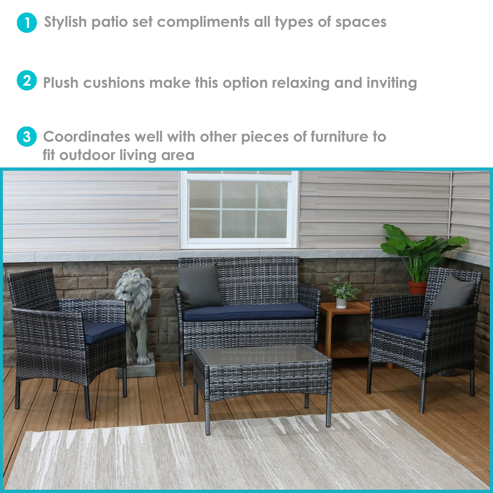 Sunnydaze Decor, 4 Piece Dunmore Patio Set Gray/Navy, Pieces (qty.) 4, Primary Color Gray