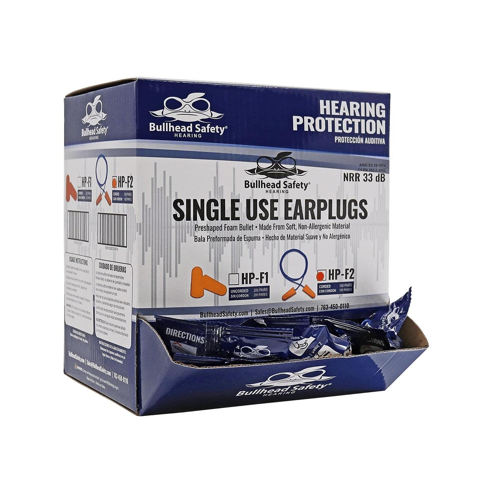 Bullhead Safety, Corded Polyurethane Foam NRR 33 dB Earplugs 100