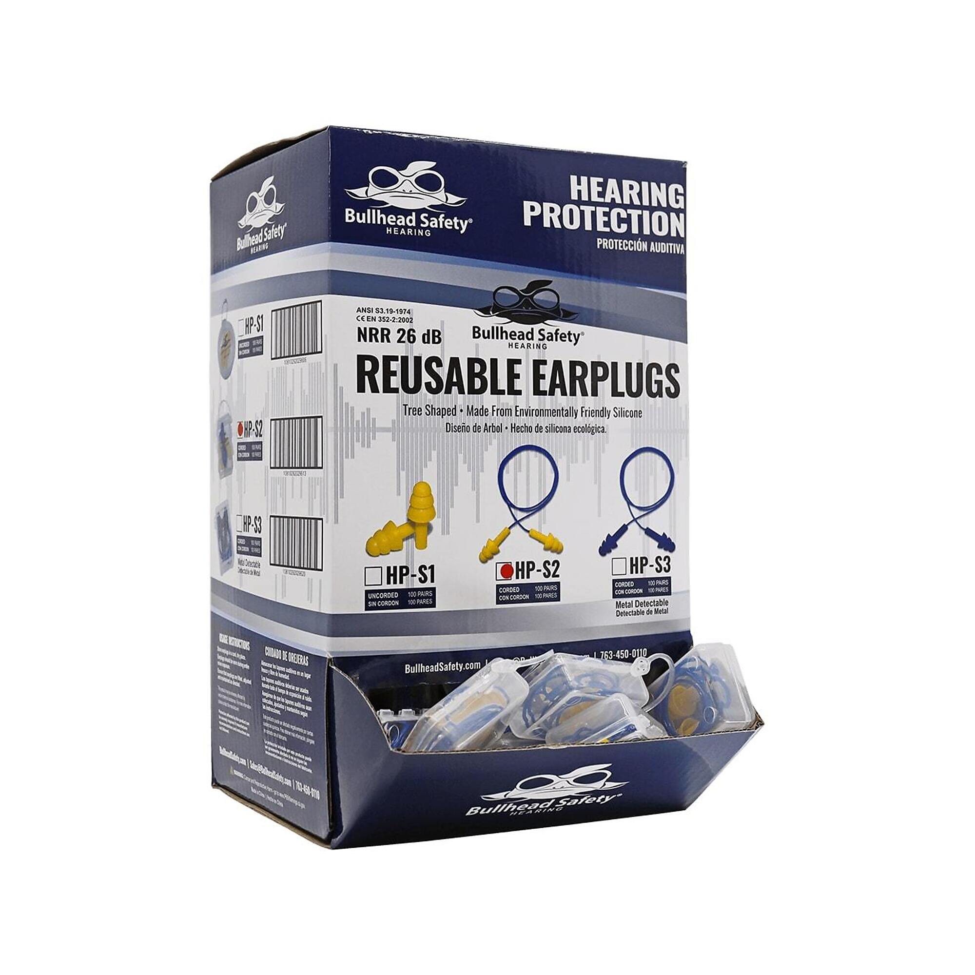 Bullhead Safety, Corded Reusable Silicone NRR 26 dB Earplugs - 100 Pairs, Noise Reduction Rating 26 dB, Pairs Included (qty.) 100 Model# HP-S2