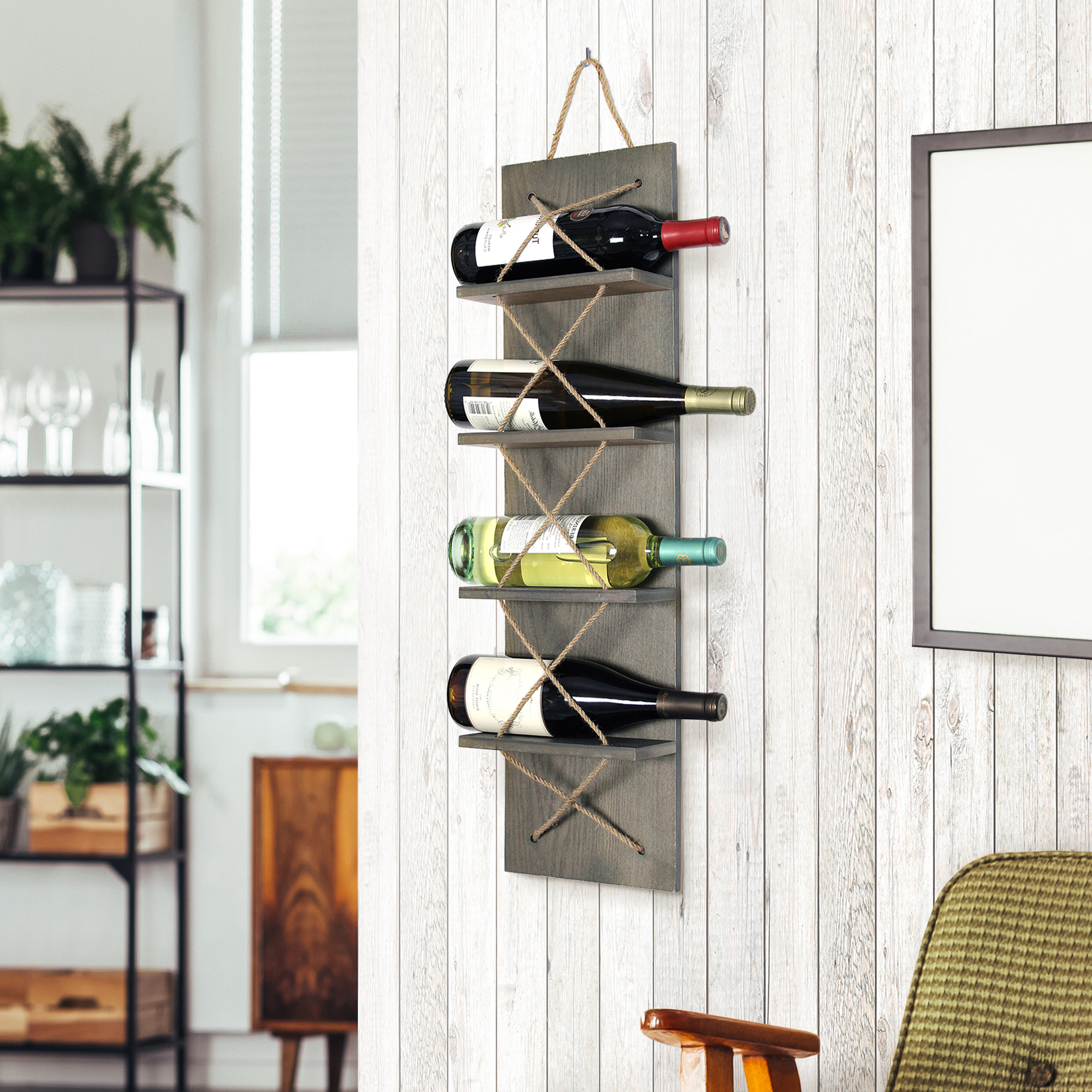 Elegant Designs, 4 Bottle Wall Mounted Wood Wine Rack, Rustic Gray, Model#  HG1019-RGY