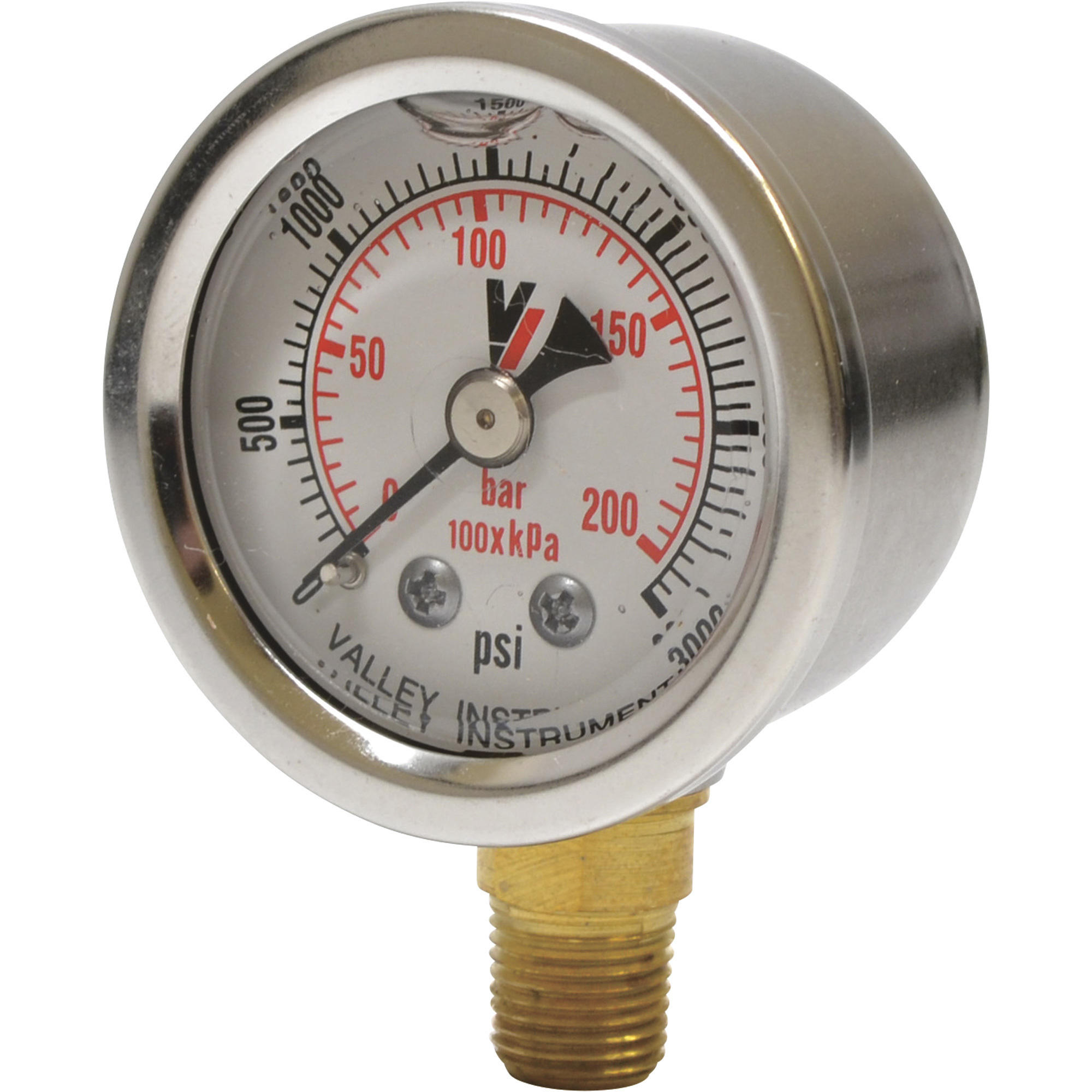 Valley Industries, 1.5in. Bottom Mt Gauge 3000PSI, Case Material Stainless Steel, Min. Operating Pressure 0 PSI, Max. Operating Pressure 3000 PSI, Model# 0140GXB3000