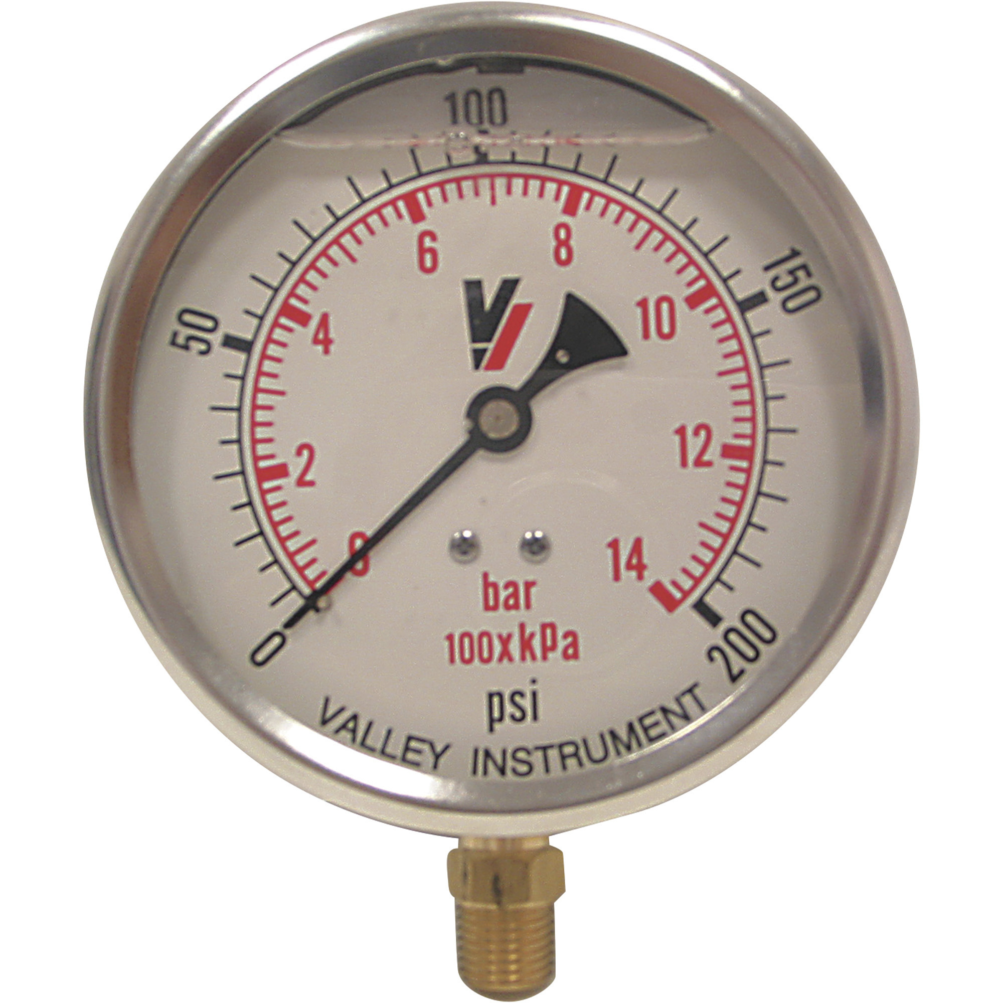 Valley Industries, 4in. Bottom Mt Gauge 200PSI, Case Material Stainless Steel, Min. Operating Pressure 0 PSI, Max. Operating Pressure 200 PSI, Model# 4140GXB200