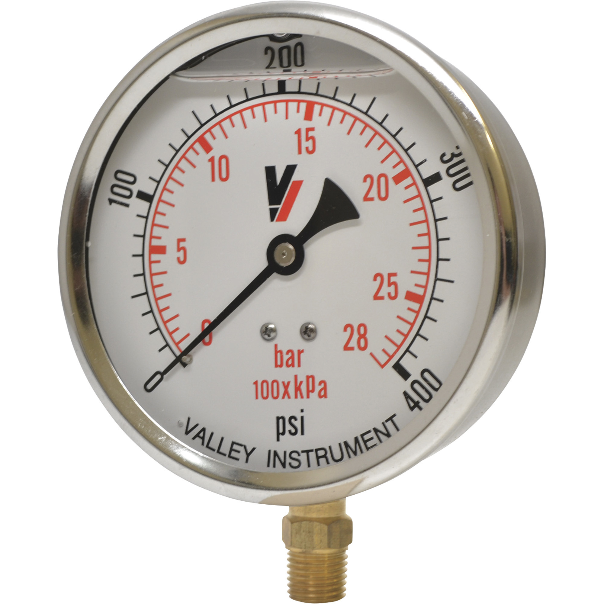 Valley Industries, 4in. Bottom Mt Gauge 400PSI, Case Material Stainless Steel, Min. Operating Pressure 0 PSI, Max. Operating Pressure 400 PSI, Model# 4140GXB400