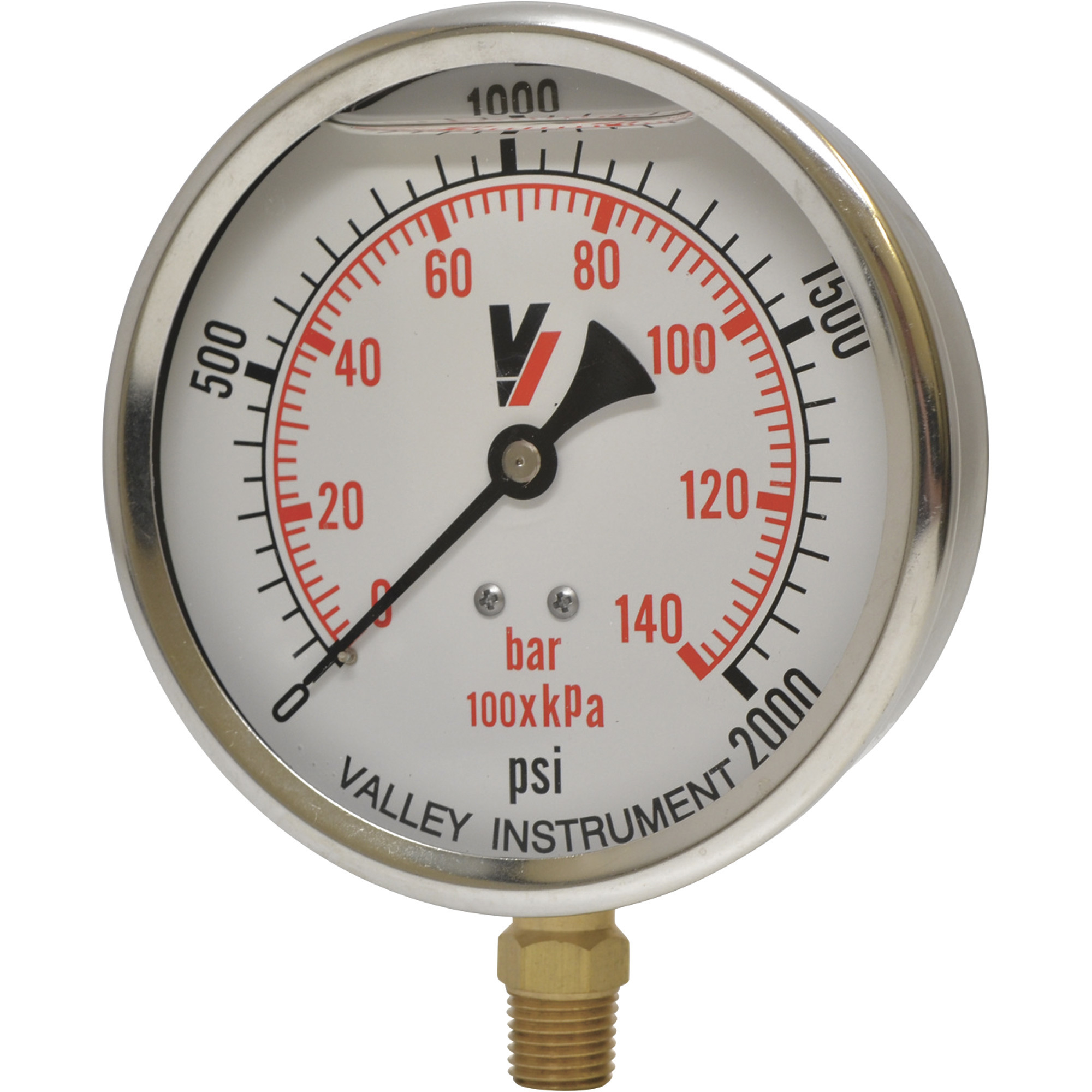 Valley Industries, 4in. Bottom Mt Gauge 2000PSI, Case Material Stainless Steel, Min. Operating Pressure 0 PSI, Max. Operating Pressure 2000 PSI, Model# 4140GXB2000