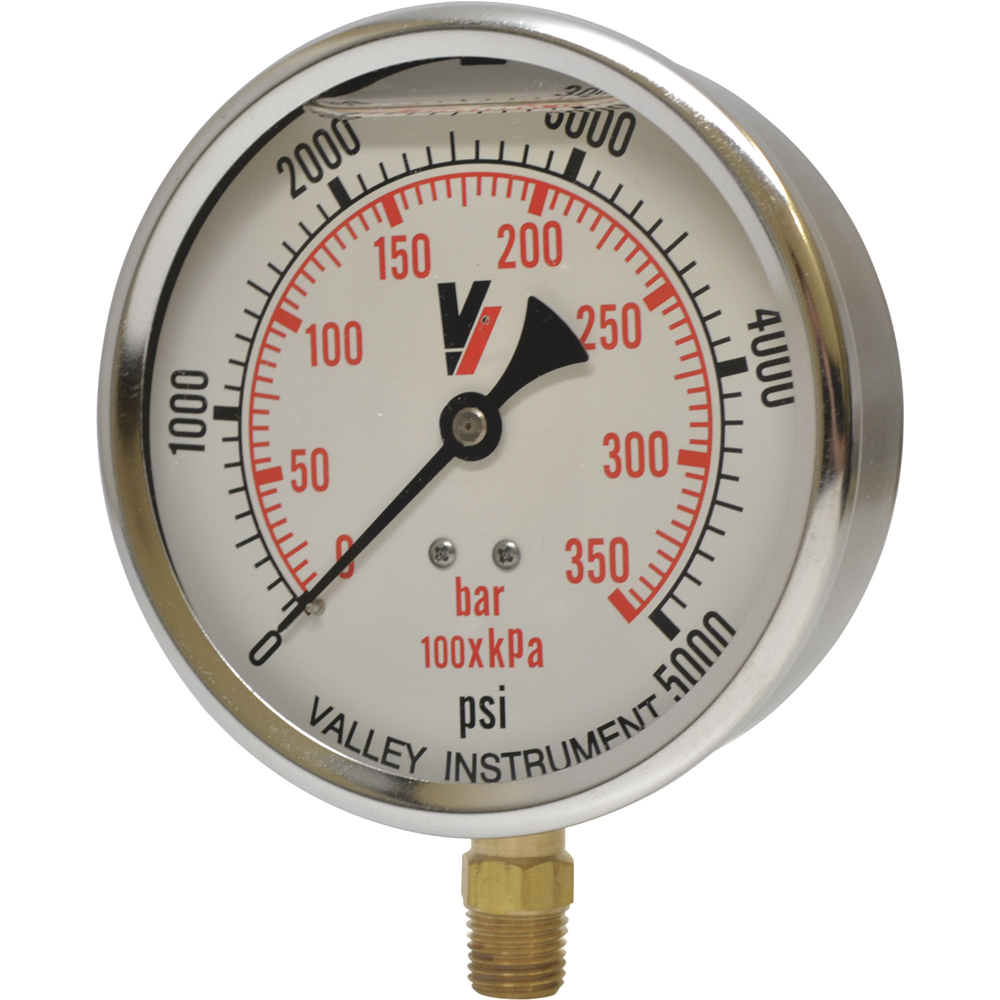 Valley Industries, 4in. Bottom Mt Gauge 5000PSI, Case Material Stainless Steel, Min. Operating Pressure 0 PSI, Max. Operating Pressure 5000 PSI, Model# 4140GXB5000