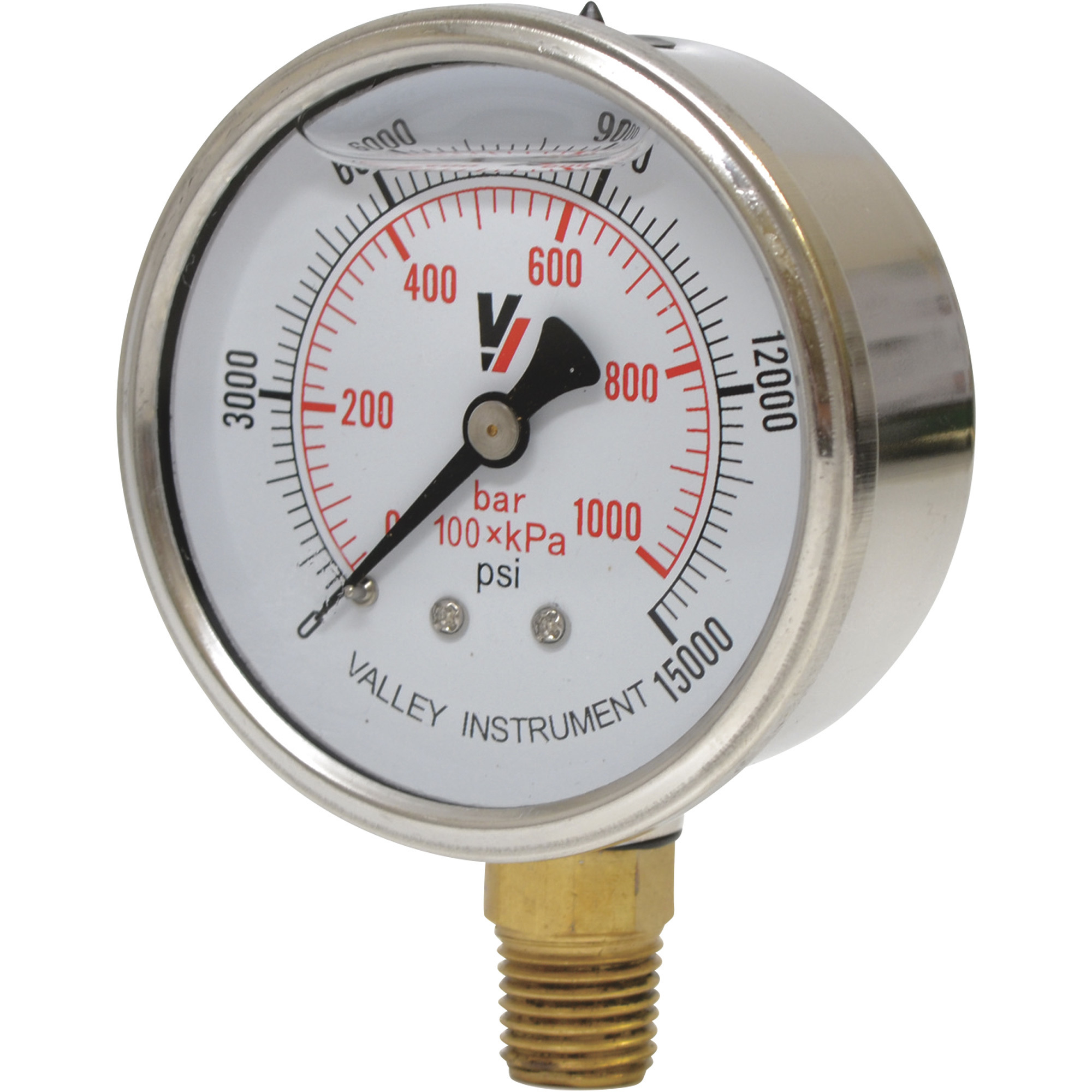 Valley Industries, 0-15000 PSI,S STL LIQUID GAUGE, Case Material Stainless Steel, Min. Operating Pressure 0 PSI, Max. Operating Pressure 15000 PSI