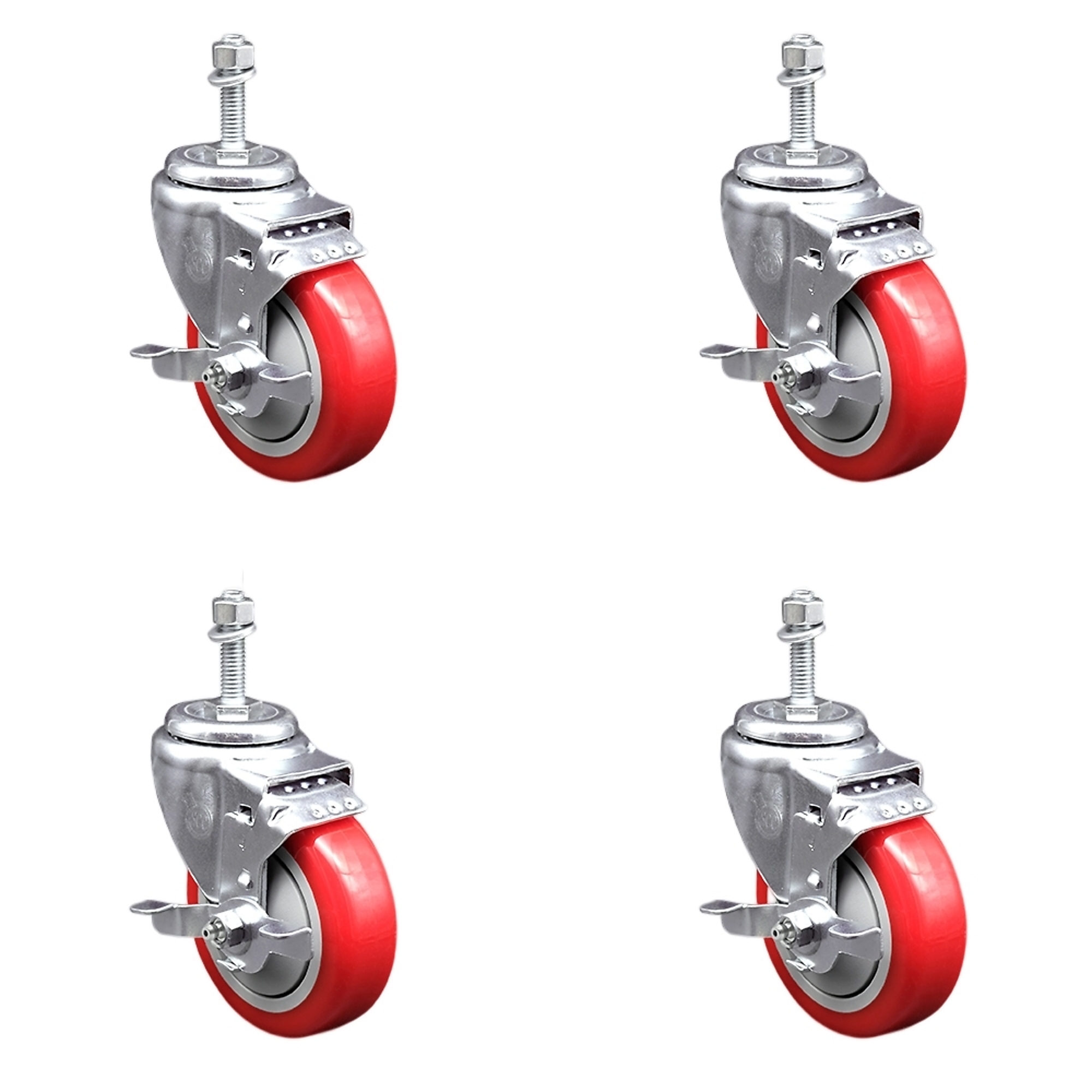 Service Caster, 4in. x 1 1/4in. Stem Casters, Wheel Diameter 4 in, Caster Type Swivel, Package (qty.) 4, Model# SCC-SSTS20S414-PPUB-RED-TLB-381615-4