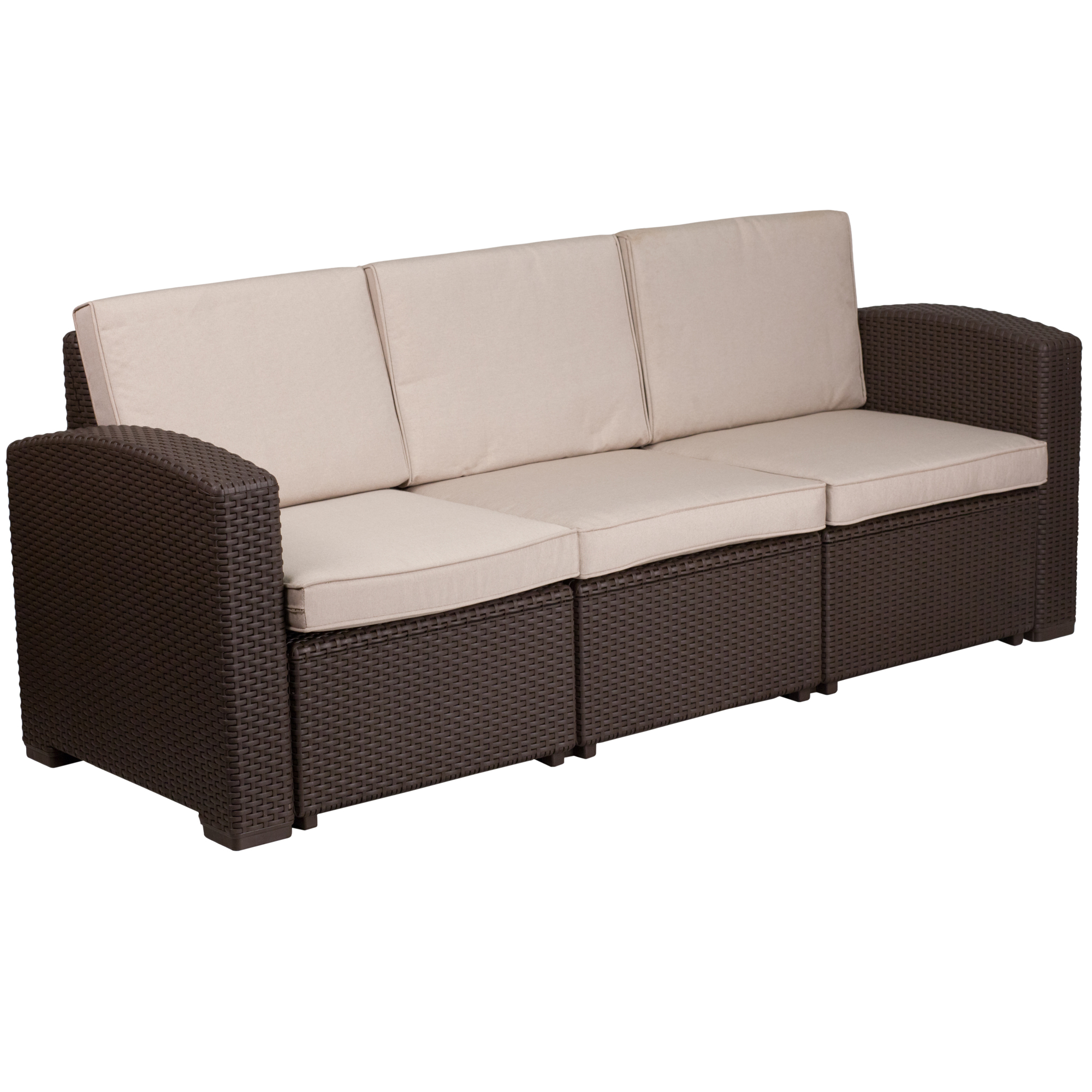 Flash Furniture, Chocolate Rattan Sofa w/All-Weather Beige Cushions, Primary Color Brown, Material Resin, Width 78.5 in, Model# DADSF13