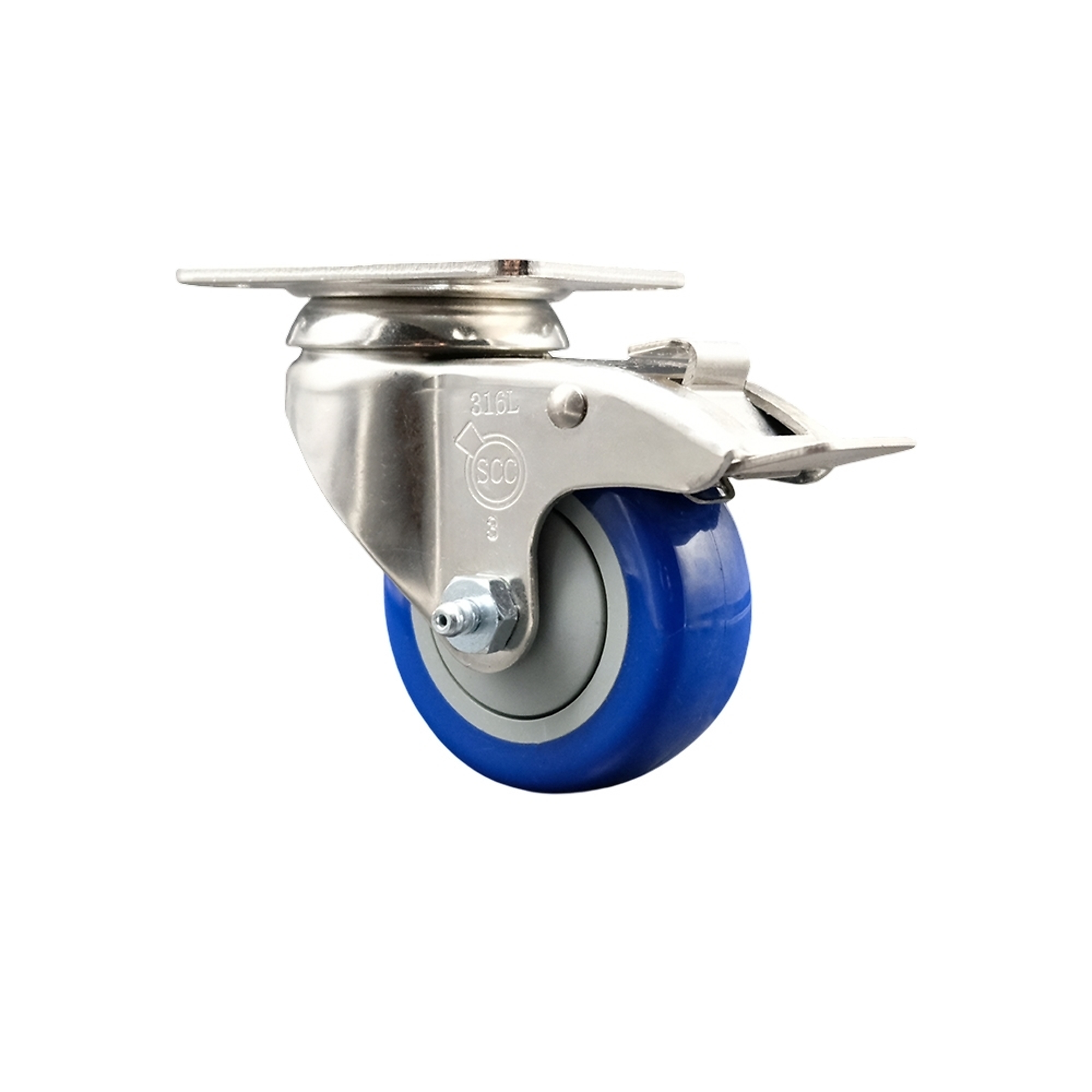 Service Caster, 3 1/2in. x 1 1/4in. Plate Caster, Wheel Diameter 3.5 in, Caster Type Swivel, Package (qty.) 1, Model# SCC-SS316TTL20S3514-PPUB-BLUE